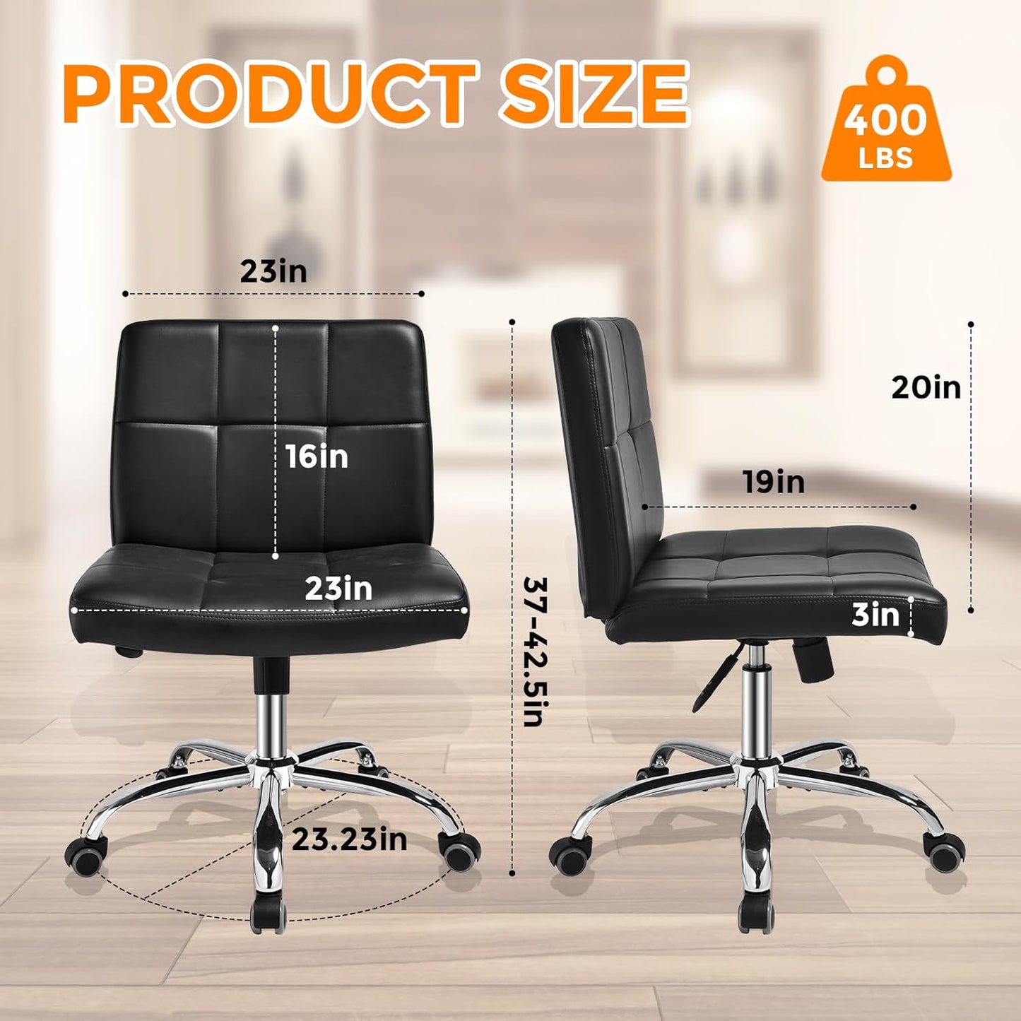 Black Office Chair with Wheels - 360° Swivel Armless Back Support，Comfortable Pu Adjustable Rolling Desk Chairs for Office，Home，Vanity，Bedroom，Big Space (Widened Black)
