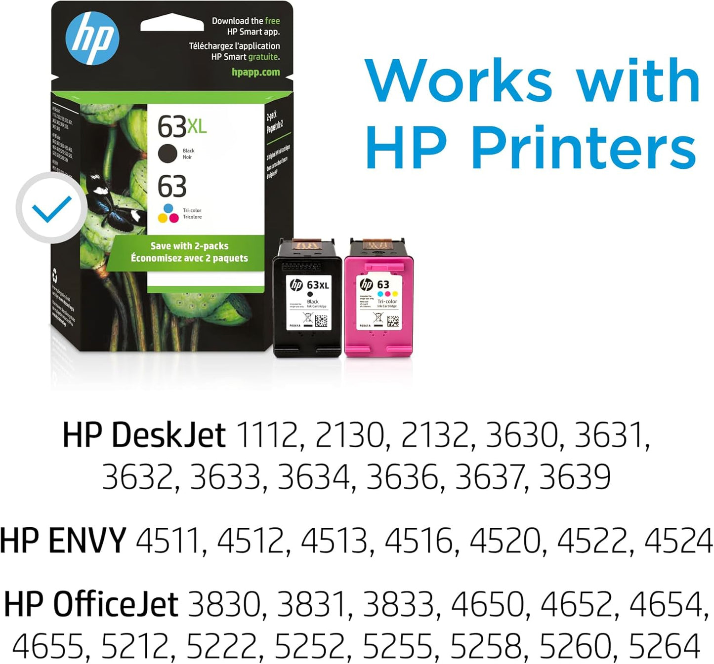HP 63XL Black High Yield Cartridge & 62 Tri-Color Ink Cartridge, 2 Pack (L0R48AN)