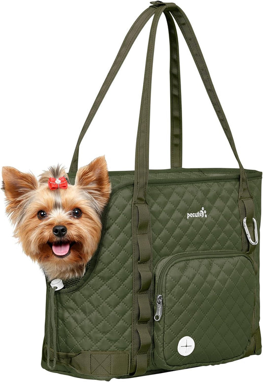 Pecute Dog Purse Carrier, Dog Carrier with Pockets for Small Dogs, Fits Dogs 5 lbs to 9 lbs, Cat and Puppies Tote Bag, Outing, Travel, Vet, Green