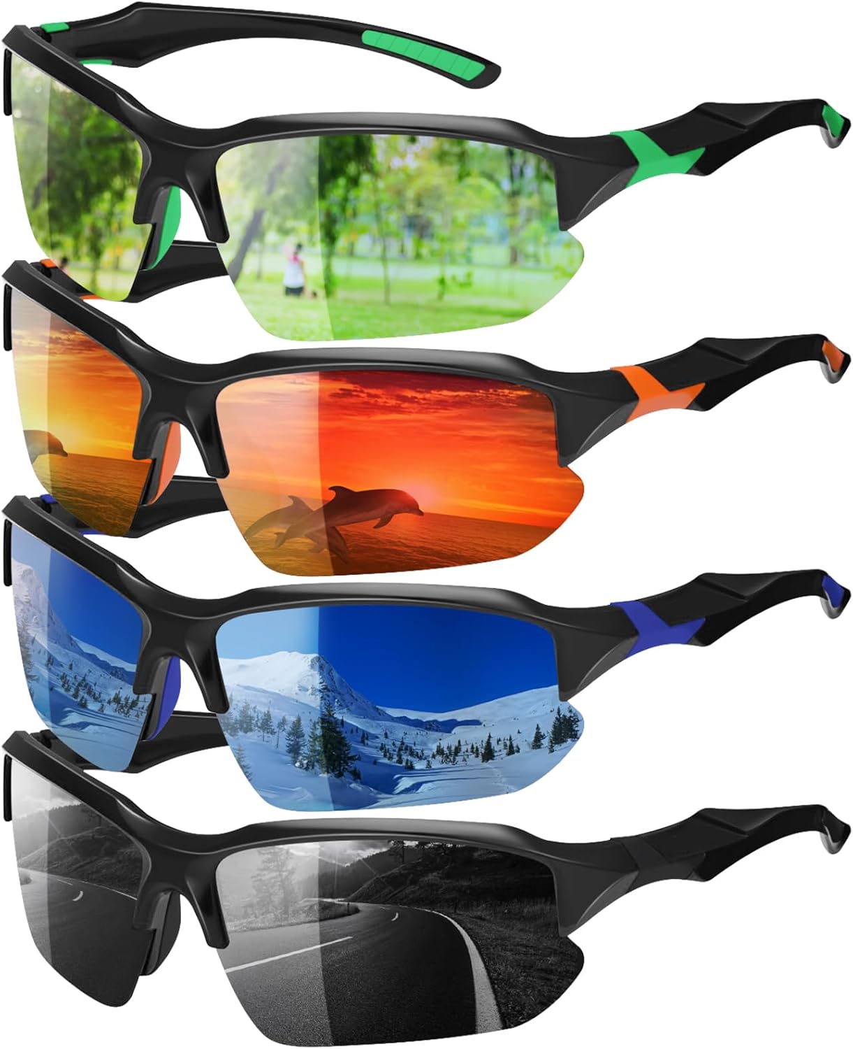 4 Pack Polarized Sports Sunglasses for Men & Women | UV Protection Lightweight Wraparound Sunglasses for Outdoor