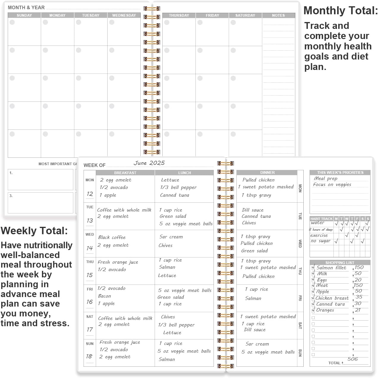 Weekly Meal Planner Notebook,A5 Weekly & Daily Meal Prep Journal with Shopping and Grocery Lists for Menu Planning, Lasts 1 Year, Blue Watercolor