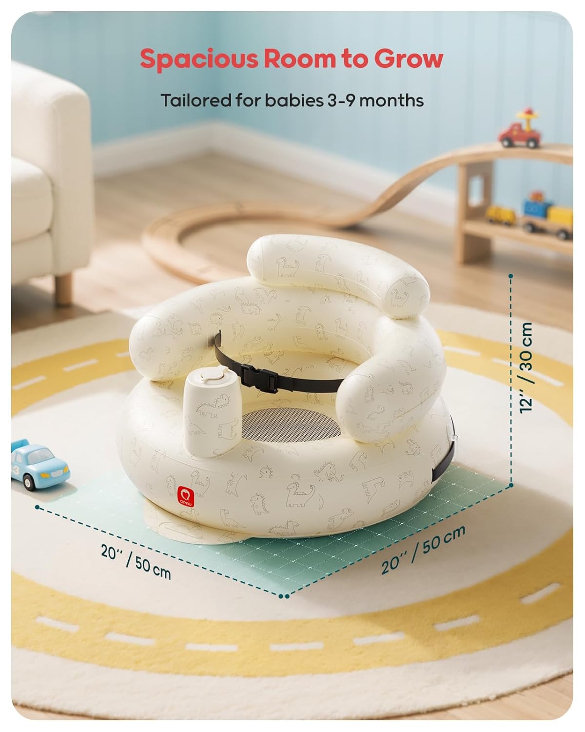 QPAU Inflatable Baby Seat with Safety Harness for Babies 3 Months & Up, Baby Floor Seats for Sitting Up, Baby Seats for Infants, Blow Up Baby Chair with Built in Air Pump (Dinosaur)