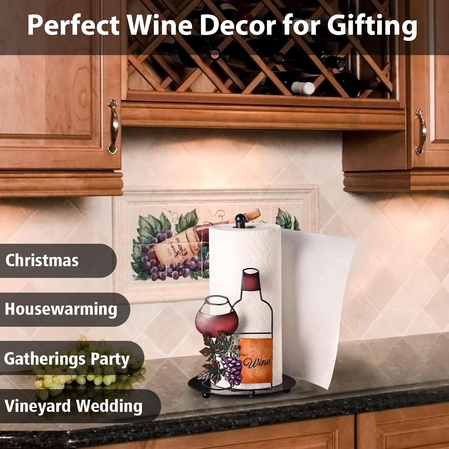 Wine Paper Towel Holder Countertop - Grape&Wine Decor Gifts, Cute Rustic Country Vintage Farmhouse Kitchen Decorations, Roll Dispenser with Weighted Base