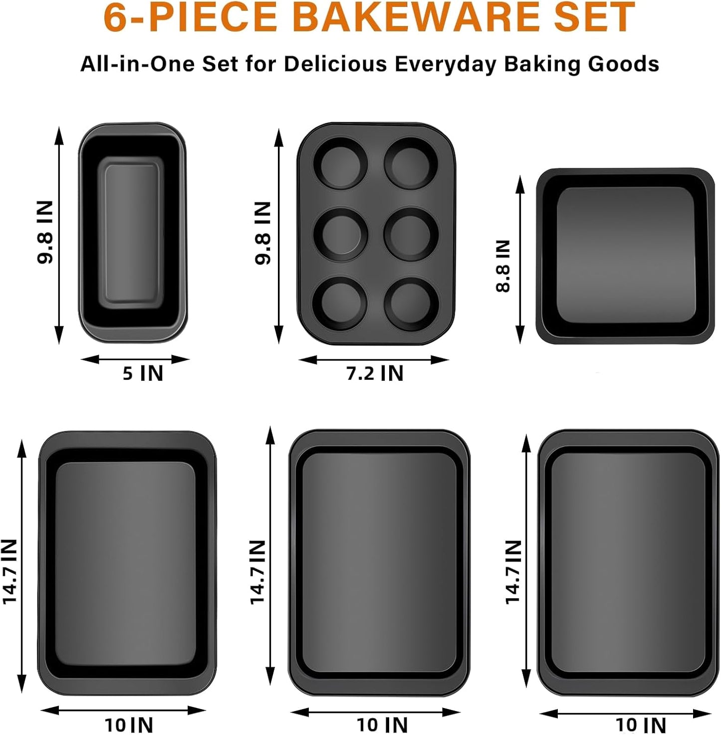 6-Piece Carbon Steel Bakeware Set, Nonstick Baking Pans with Cookie Sheet, Deep Roaster, Square Pan, Loaf Pan, Muffin Pan for Cooking,Baking Pans Set (black)