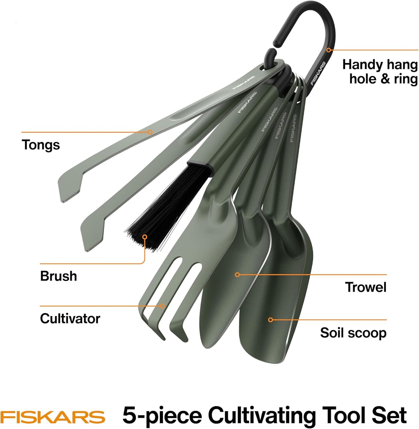 Fiskars 5-Piece Cultivating Tool Set, Nesting Trowel, Soil Scoop, Cultivator, Tongs & Brush for Indoor Gardening, Stainless Steel with Powder Coat Finish, Space Saving Design, Black