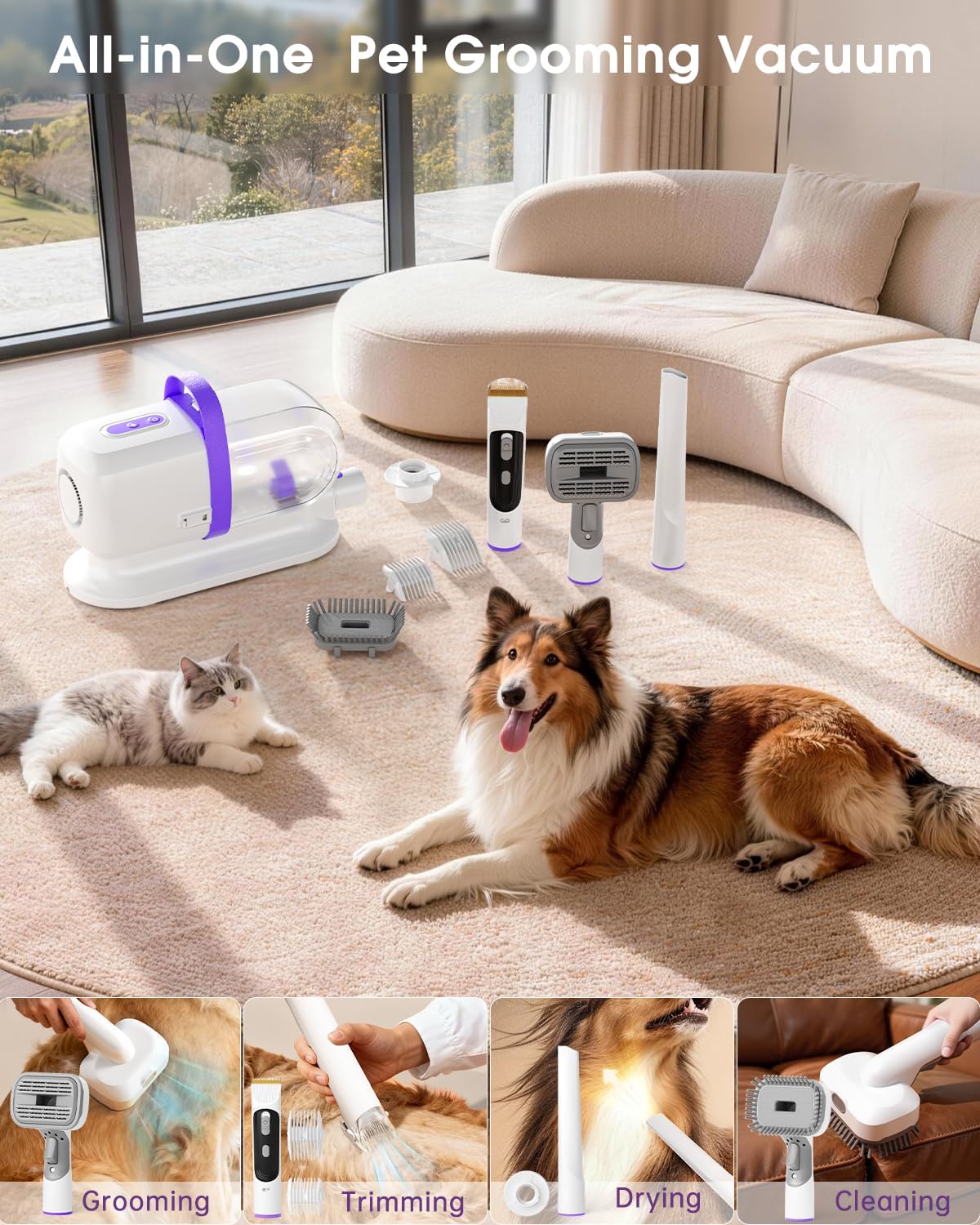 LOMMOL Dog Grooming Vacuum 6 in 1, Dog Grooming Kit with 2.2L Dust Cup, Clippers Dogs Vacuum with Dryer Function, Low Noise Upgrade Pet Grooming Vacuum with 6 Tools for Home Pet Hair, Purple