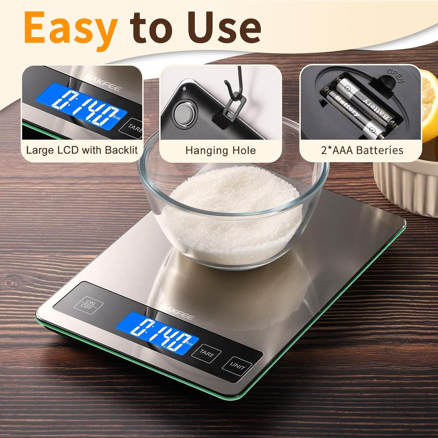 Food Scale, 15kg/33lb Digital Kitchen Scale with Stainless Steel & Tempered Glass, 1g / 0.05oz Precise Graduation, Waterproof and Sturdy Surface, for Cooking, Baking, Weight Loss, Meal Prep