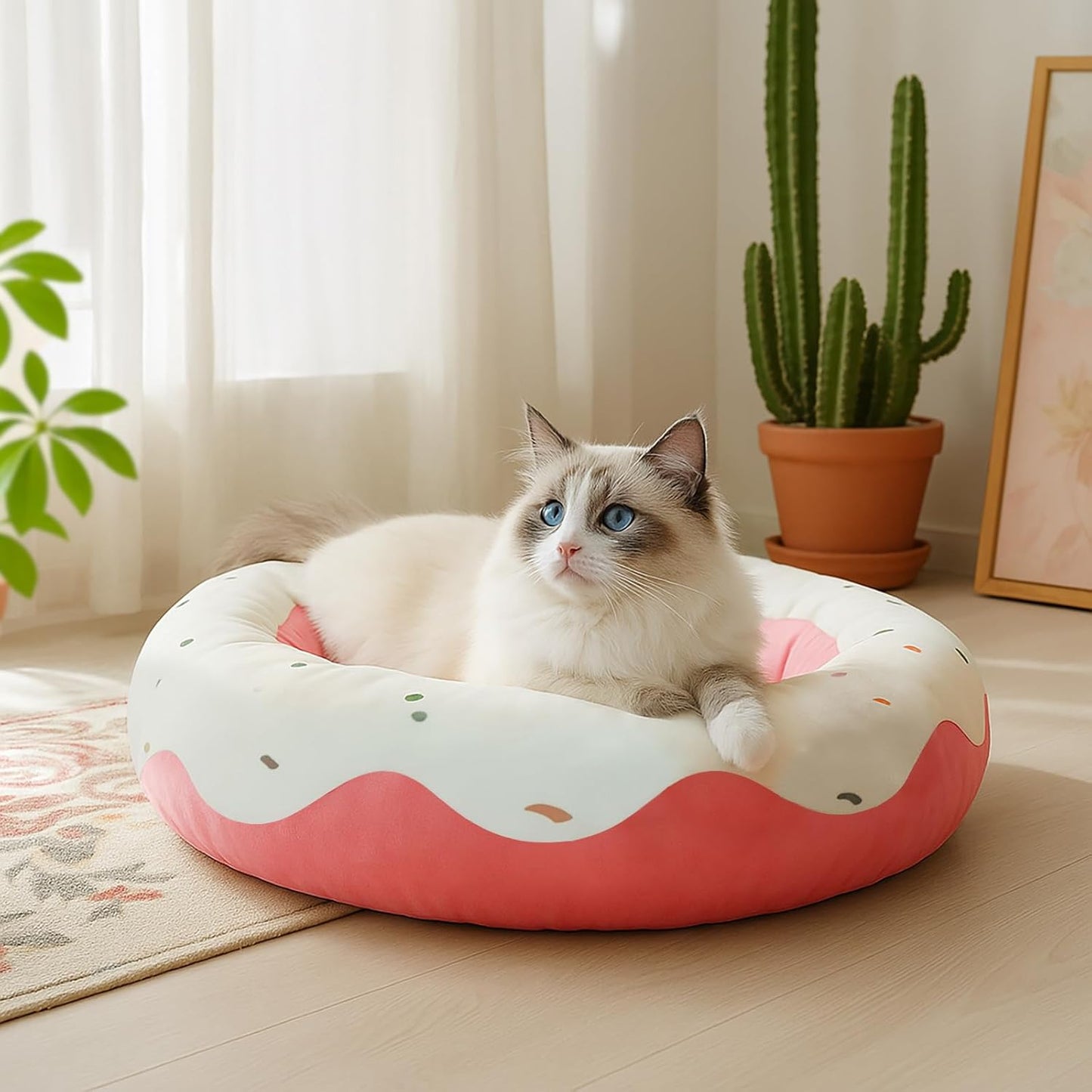 귀여운 고양이 침대 새끼 고양이 침대, 부드러운 소형견 침대, 강아지 및 고양이를 위한 세탁 가능한 반려동물 침대, 재미있는 도넛 모양, 61cm(24인치)