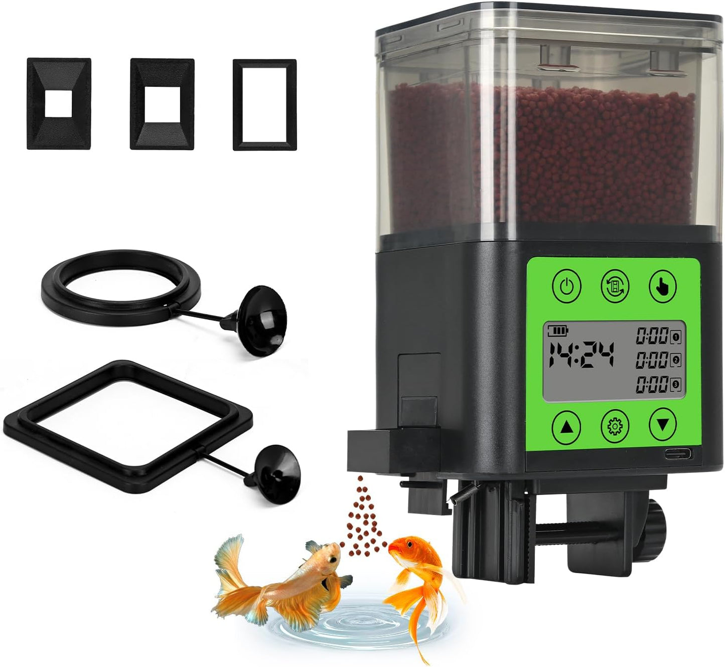 Lychee Automatic Fish Feeder - USB Rechargeable 320ML Large Capacity Aquarium Fish Food Dispenser with Two Feeding Ring, Moisture-Proof-Aquarium Electric Timer Feeder for Business Trips