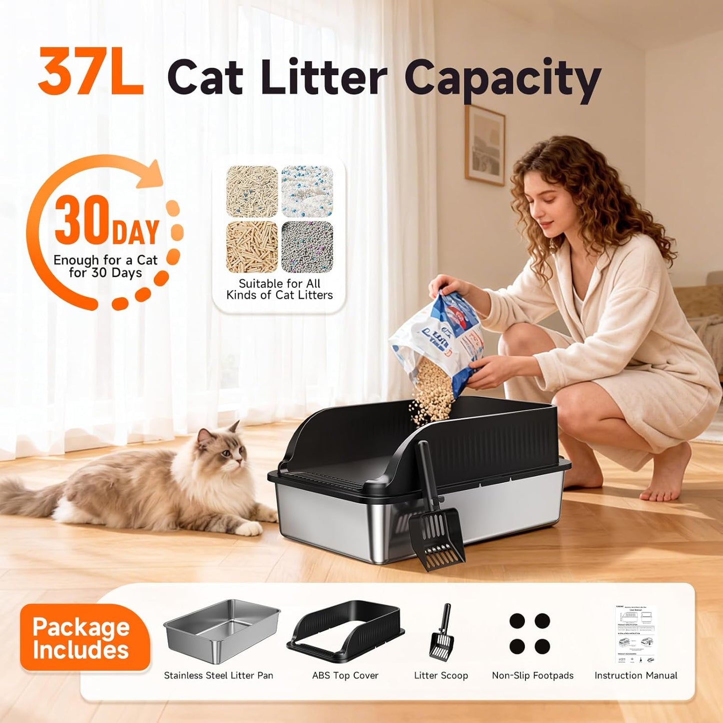 Stainless Steel Cat Litter Box, Extra Large XL Odor Free Metal Litter Box with High Sides Lid, Open Top Litter Pan Include Scoop Easy Cleaning Anti-Scratch Kitty Cat Box Anti-Urine Leakage, Non-Sticky