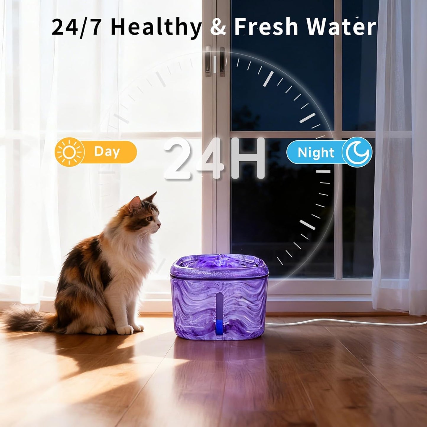 Cat Water Fountain Purple: Automatic Flower Pet Water Fountain for Cats Indoor-84oz/2.5L, Cute Cat Fountain for Drinking, LED Blue Light, Upgraded Ultra Quiet Pump, Gifts for Cats, Dogs (2Filters)