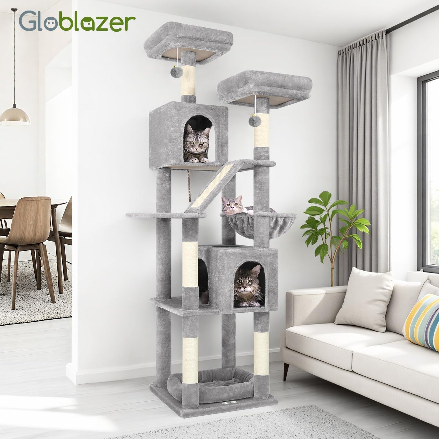 Globlazer Large Cat Tree Tower for Indoor Cats, 74in Tall Sturdy Cat Tree Condo for Large Cat with Scratching Posts and Board, Cat Condos for Adult Cats Kittens, Top Perches, Pet Bed, F74D, Light Grey