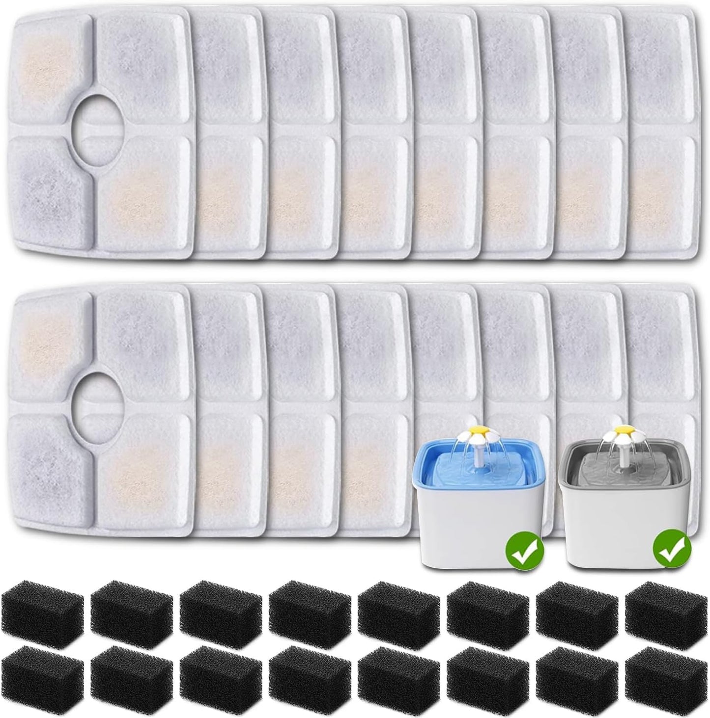 16 Pack Replacement Filters & 16 Pack Pre-Filter Sponges for Veken 84 oz / 2.5L Automatic Pet Water Fountain, Triple Filtration Cat Fountain Replacement Filter