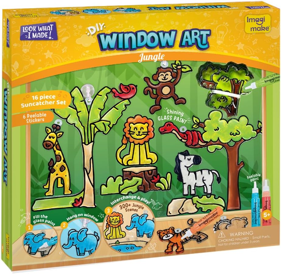 Imagimake Window Art Jungle | 16-Piece Glass Paint & Suncatcher Kit | Craft & Discover Animals | 5 Year Old Boy Gifts | Birthday Gifts for Boys & Girls Ages 5,6,7,8,9,10,11,12 | Easter Gifts for Kids
