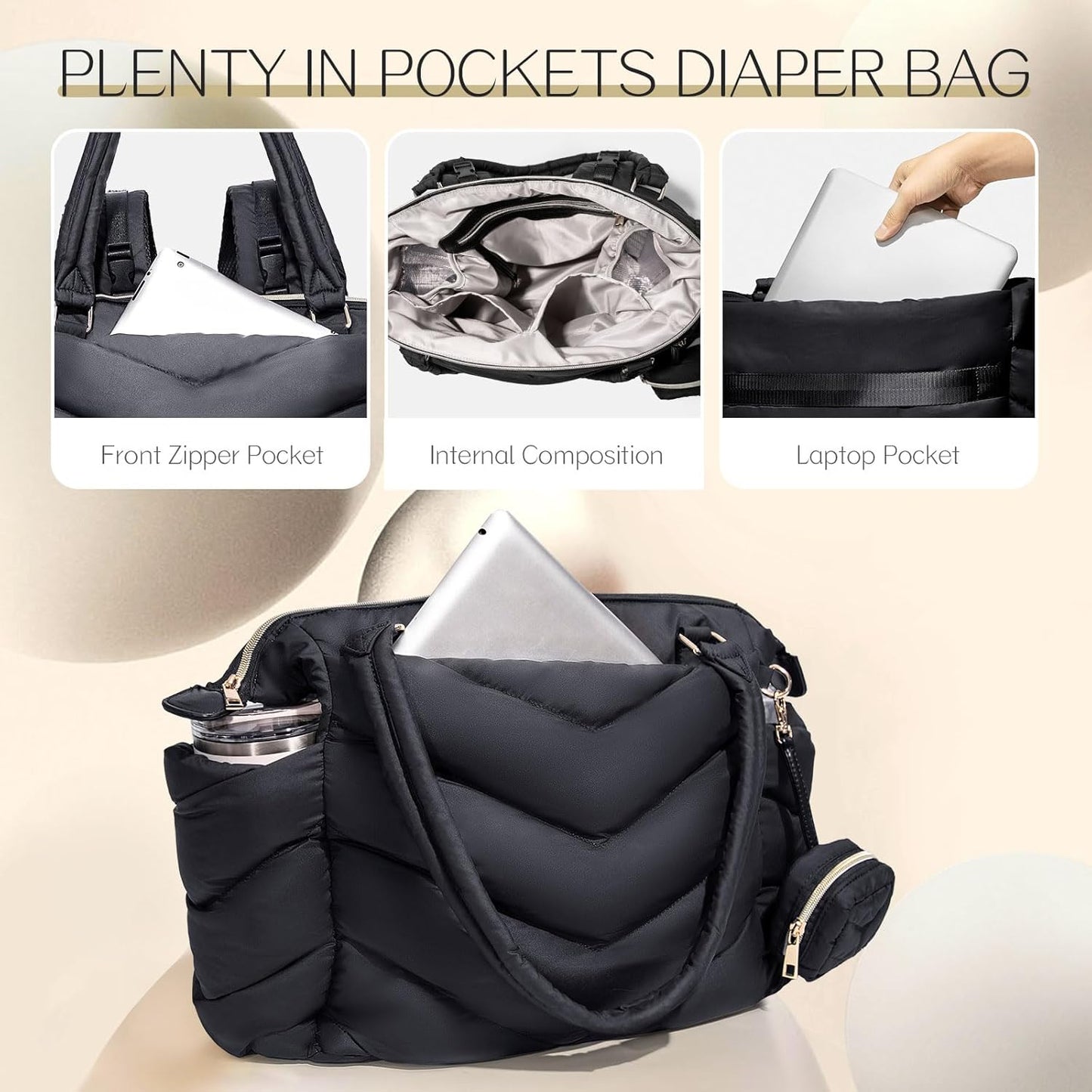 Diaper Bag Tote, Diaper Bag Backpack,Puffer Tote Bag with Pacifier Case, Lightweight Mommy for Hospital, Puffy with 10 Pockets, Convertible Baby for Travel, Black