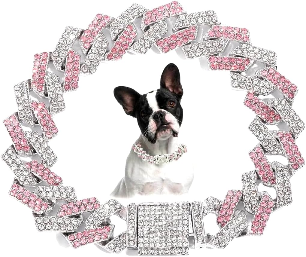 Serijoars Dog Chain Diamond Collar, Bling Diamond Cuban Link Puppy Collars Glitter Chain Rhinestone Dog Necklace for Small Medium Large Pet Dogs (Pink, 20 inch)