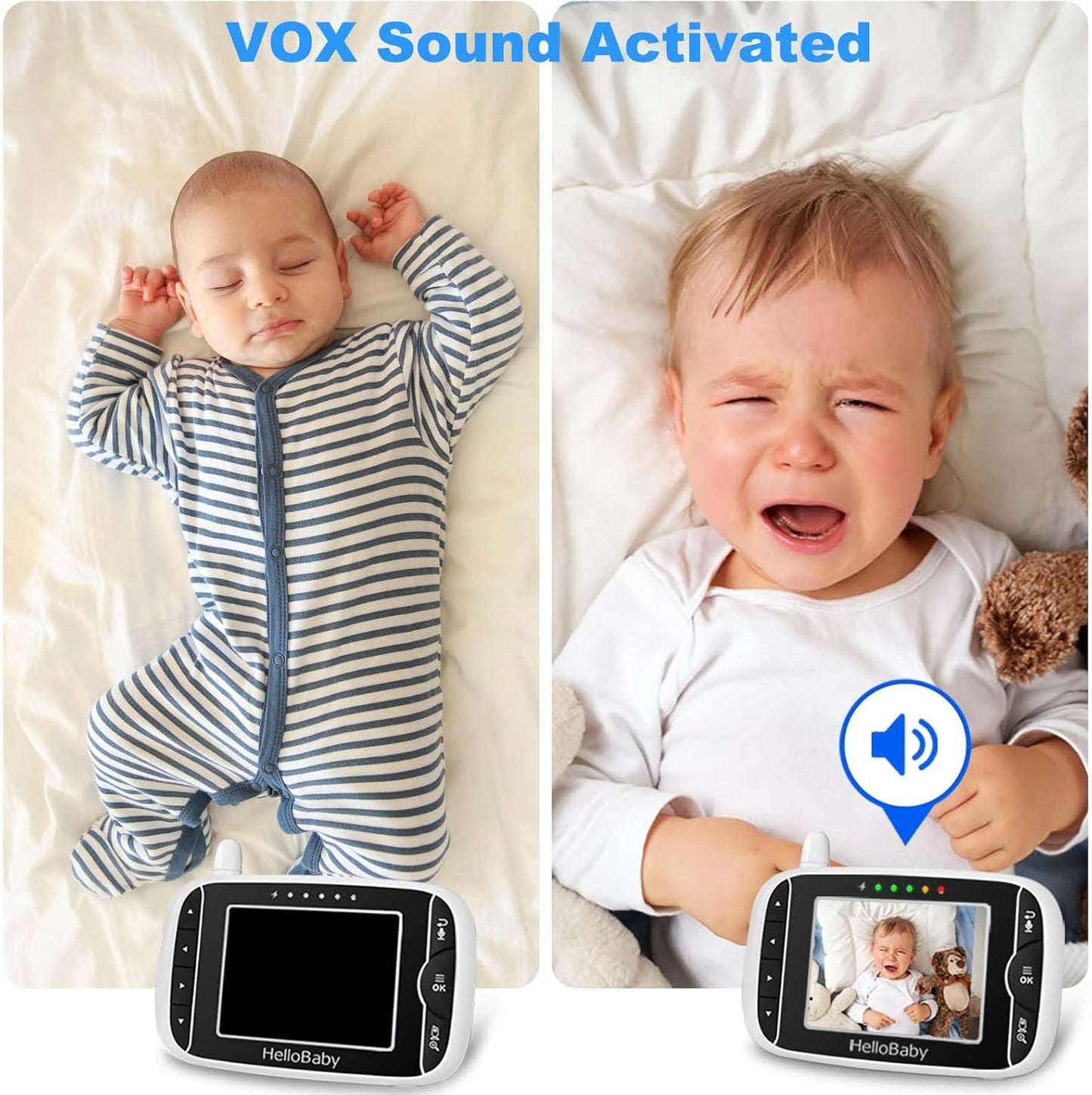 HelloBaby Video Baby Monitor with Camera and Audio, 3.2Inch LCD Display, Infrared Night Vision, Two-Way Audio and Room Temperature Monitoring,Lullaby,Sound Activated Screen