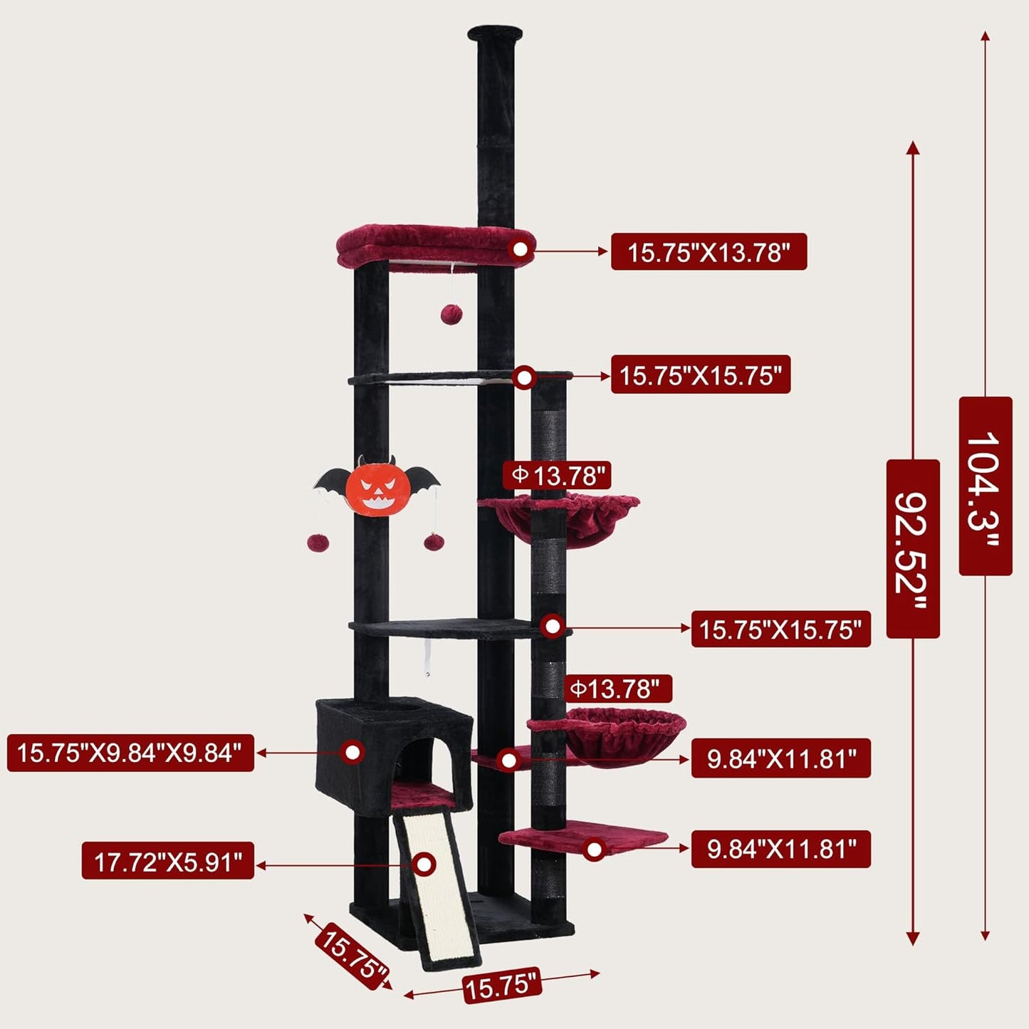 Heybly Cat Tree 92.5-104.3 Inches with Hammock, Floor to Ceiling Gothic Cat Condo, Tall Cat Climbing Tower Adjustable with Scratching Posts for Indoor Cats, Black and Red HCT091BR