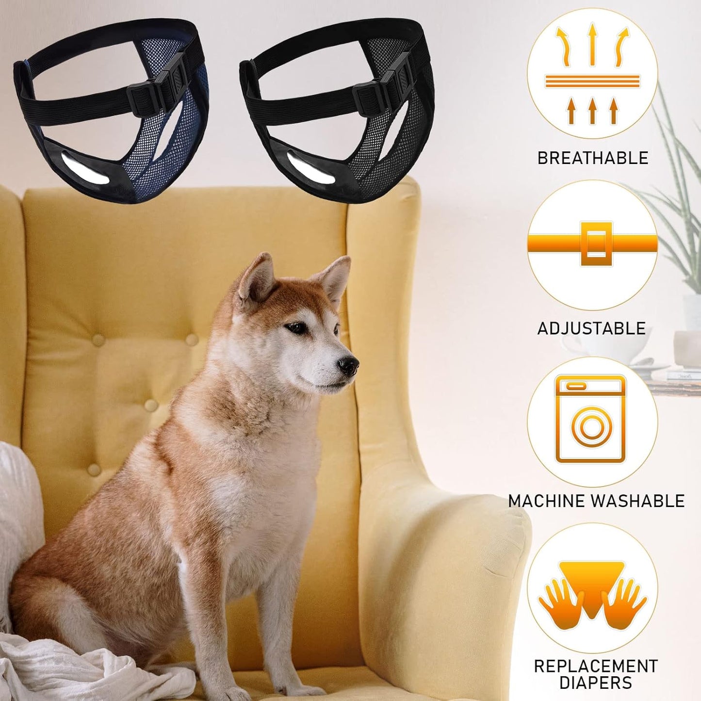 BLMHTWO 2PCS Dog Pants Dog Nappies, Dogs Period Pants with 6PCS Washable Female Dogs Season Pants Adjustable Protective Trousers for Female Puppy in Heat Monthly, Black, Blue