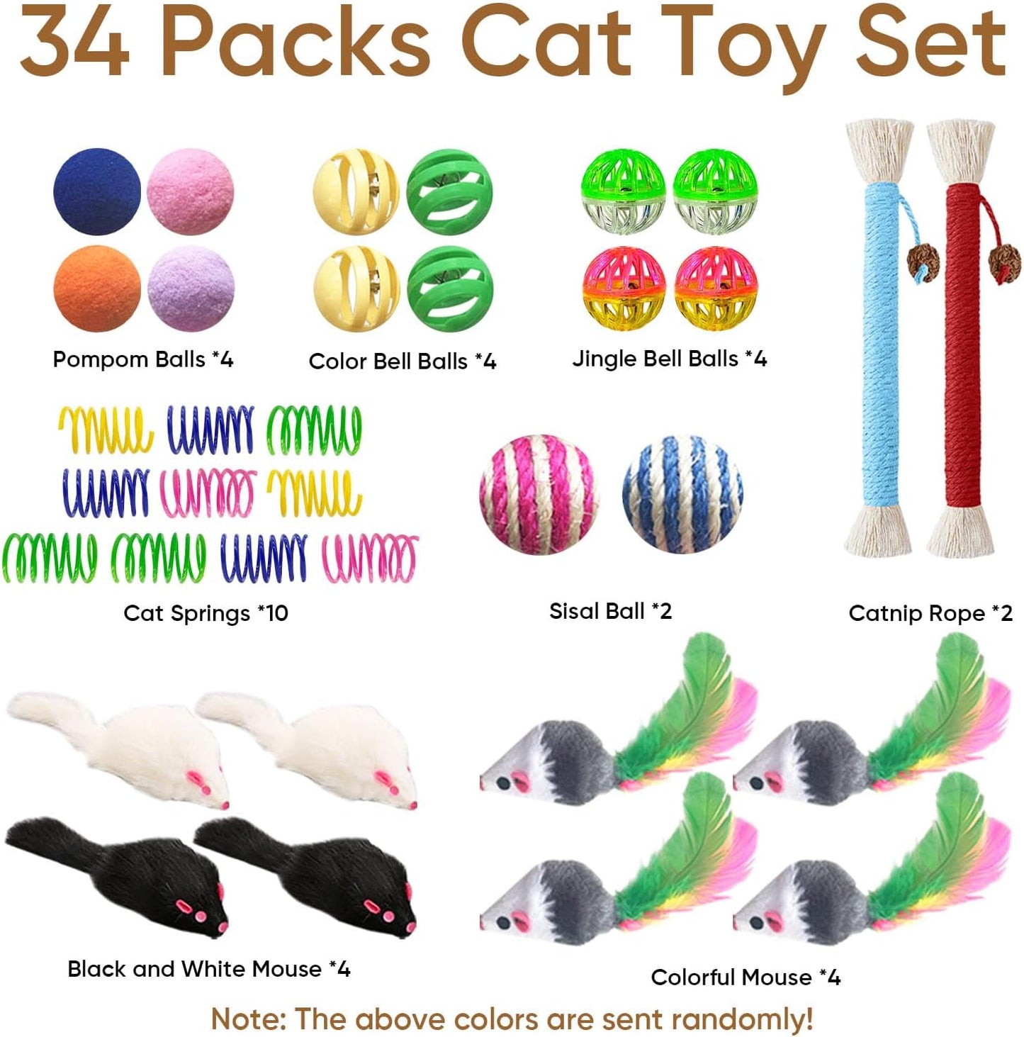 Cat Toys for Indoor Cats, 34 Packs Interactive Cat Toy Set with Colorful Springs Toys, Mouse Toy, Catnip Ropes, Balls, Bells, and Sisal Ball for Kittens