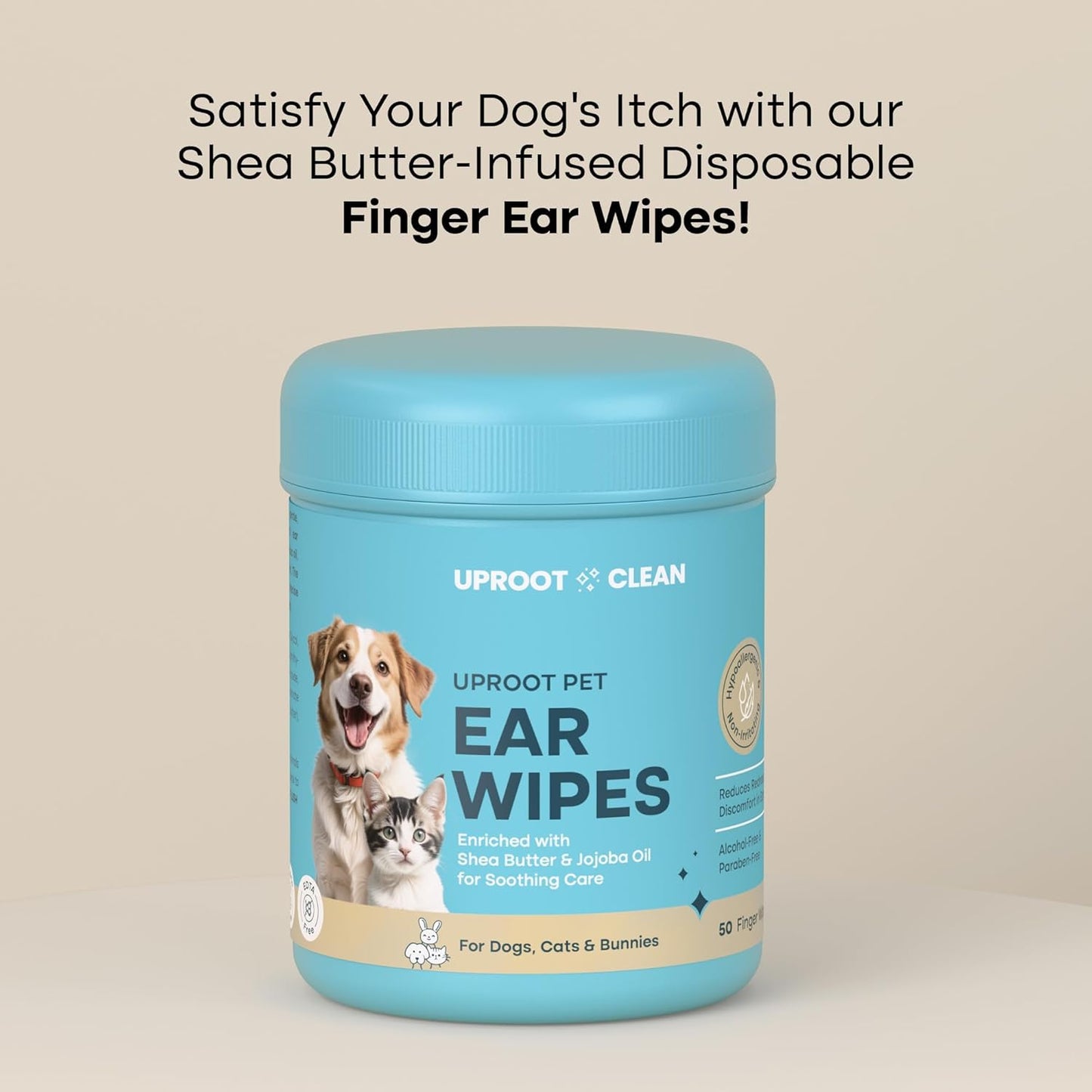 Uproot Clean Cat & Dog Ear Cleaner Finger Wipes (50ct.): Disposable Dog Ear Wipes Enriched with Shea Butter & Jojoba Oil - Cleaner Removing Wax Build Up, Help with Odor Discomfort