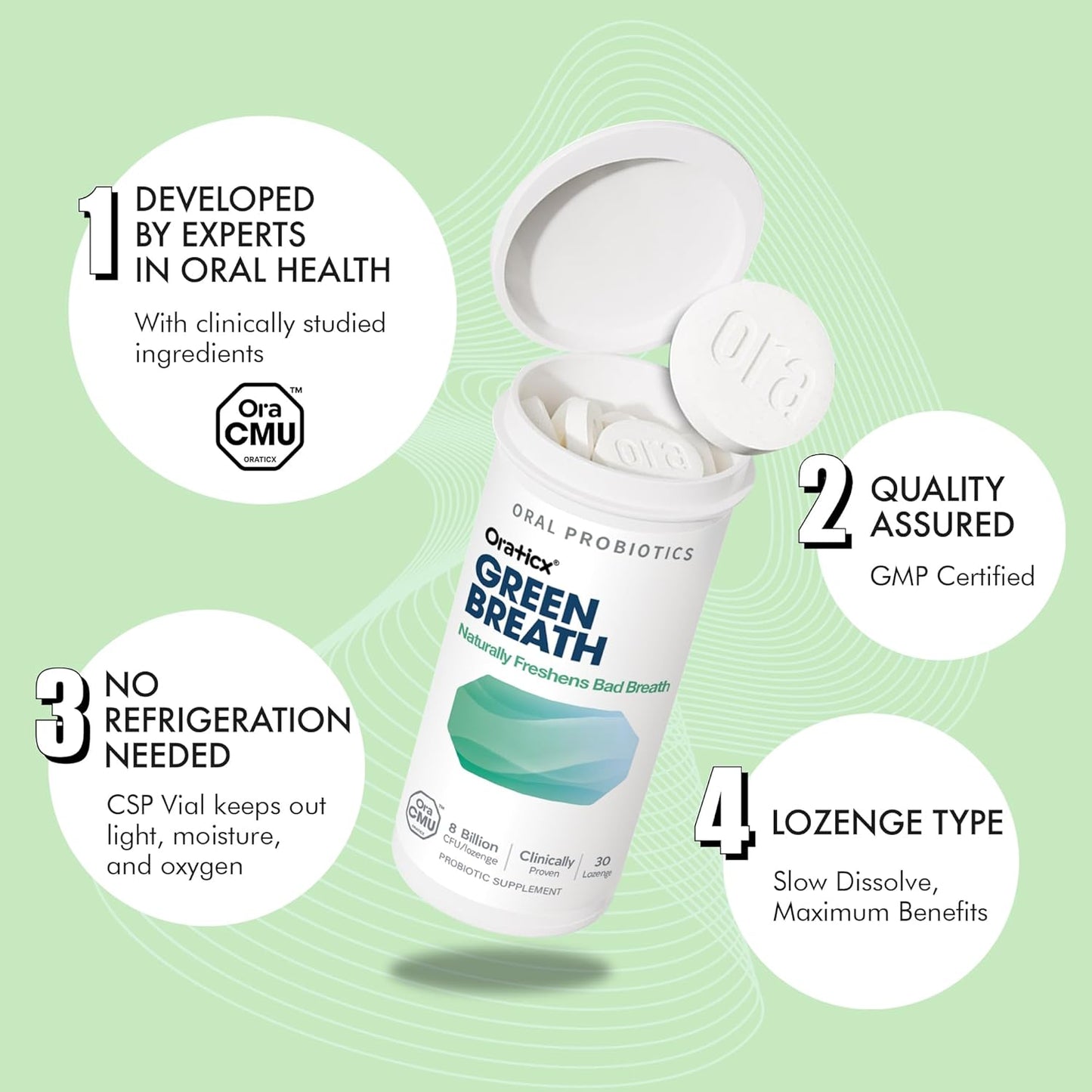 OraTicx Green Breath Oral Care Probiotics, Naturally Support Freshens Bad Breath & Healthy Mouth, Dental Probiotic Supplement 8 Billion CFU, Mint Flavor 30 Lozenges 1-PK