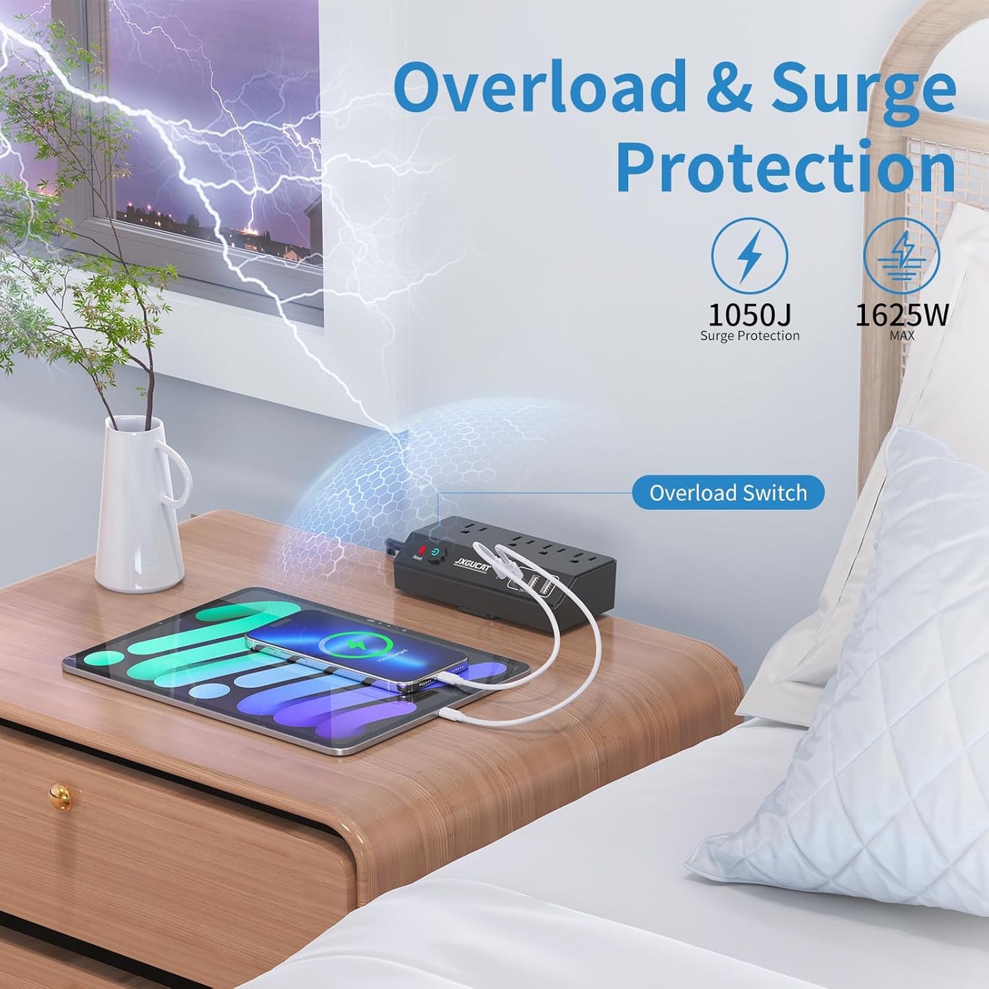 Desk Clamp Power Strip 10FT with PD 20W Fast Charging USB C, JXGUCAT Desktop Mount Power Strip Surge Protector, Removable Extension Cord with 4 Outlets 4 USB Ports, Fit 1.8" Tabletop Edge, Black