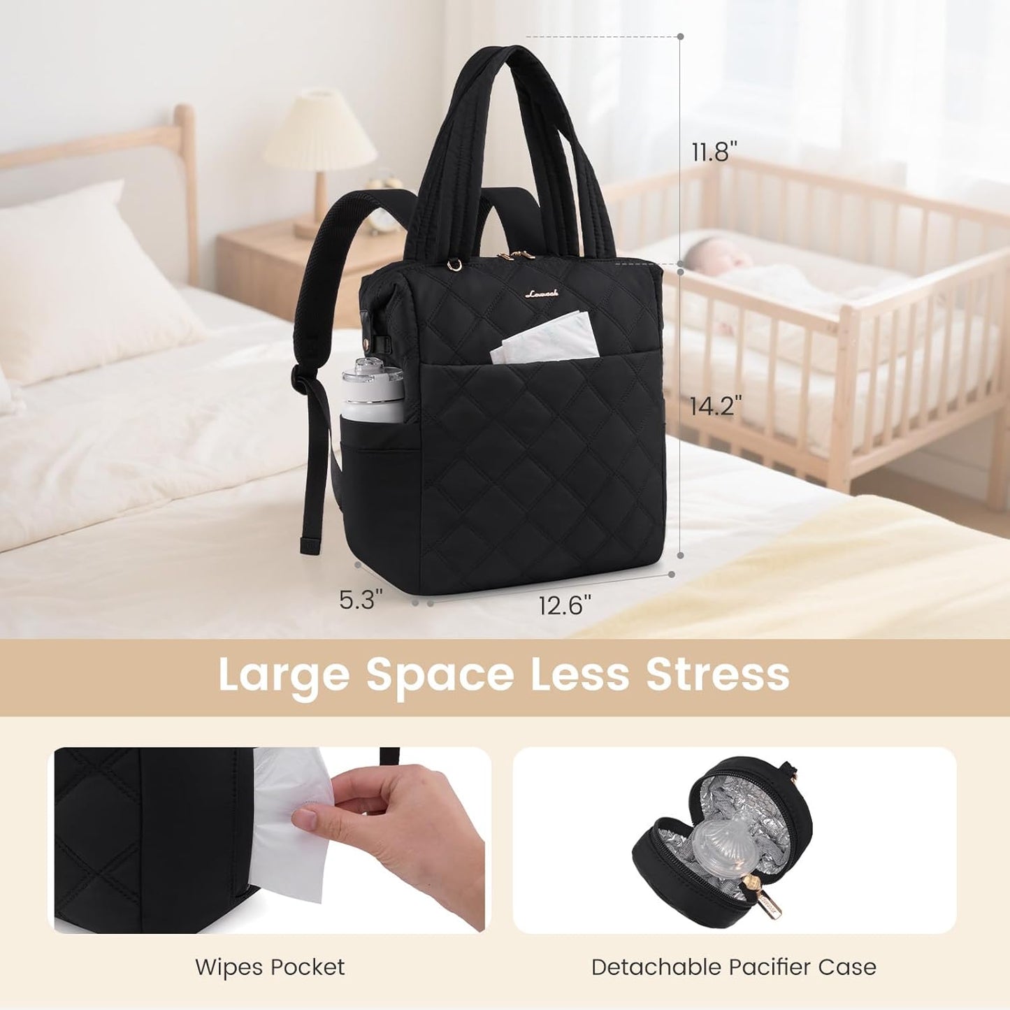 LOVEVOOK Diaper Bag Backpack,Diaper Bag Tote for Mom Dad with Changing Pad,Insulated Pockets, Convertible Mom Backpack with Pacifier Case（Black & Brown）