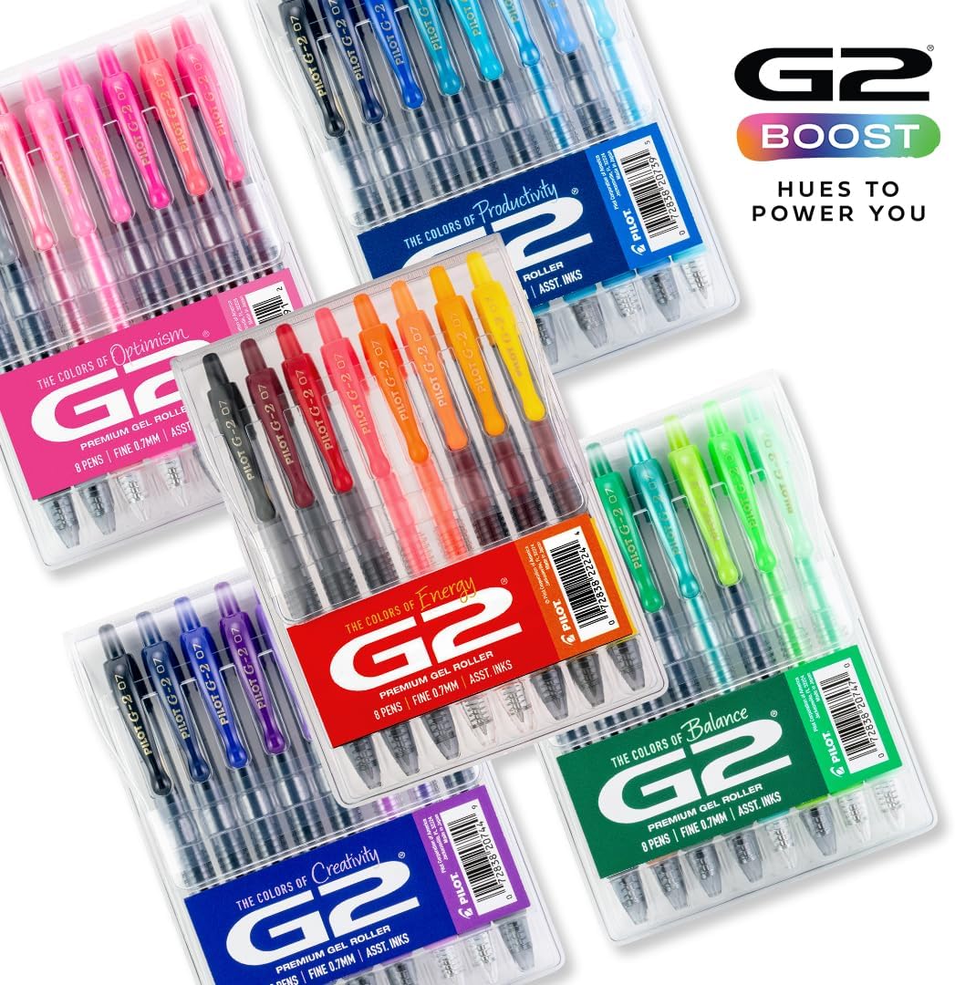 Pilot, G2 Premium Gel Roller Pens, G2 Boost Pink Pack, The Colors of Optimism, 8 Pack Pouch, Fine Point 0.7 mm, Assorted