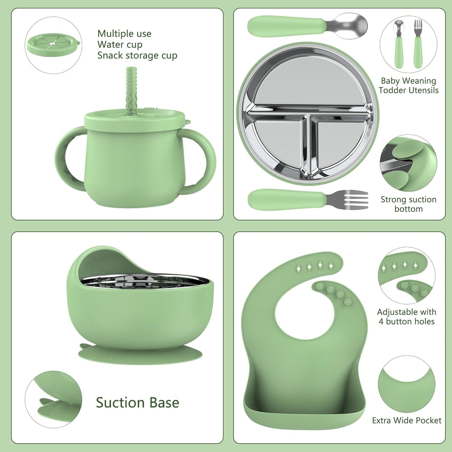 13 Pack Silicone Baby Feeding Set, BPA-Free Stainless Steel Toddler Feeding Supplies, Include Suction Plates, Baby Bowls, Silicone Fork & Spoon, and More, First Stage Baby Dish Set - 6+ Months