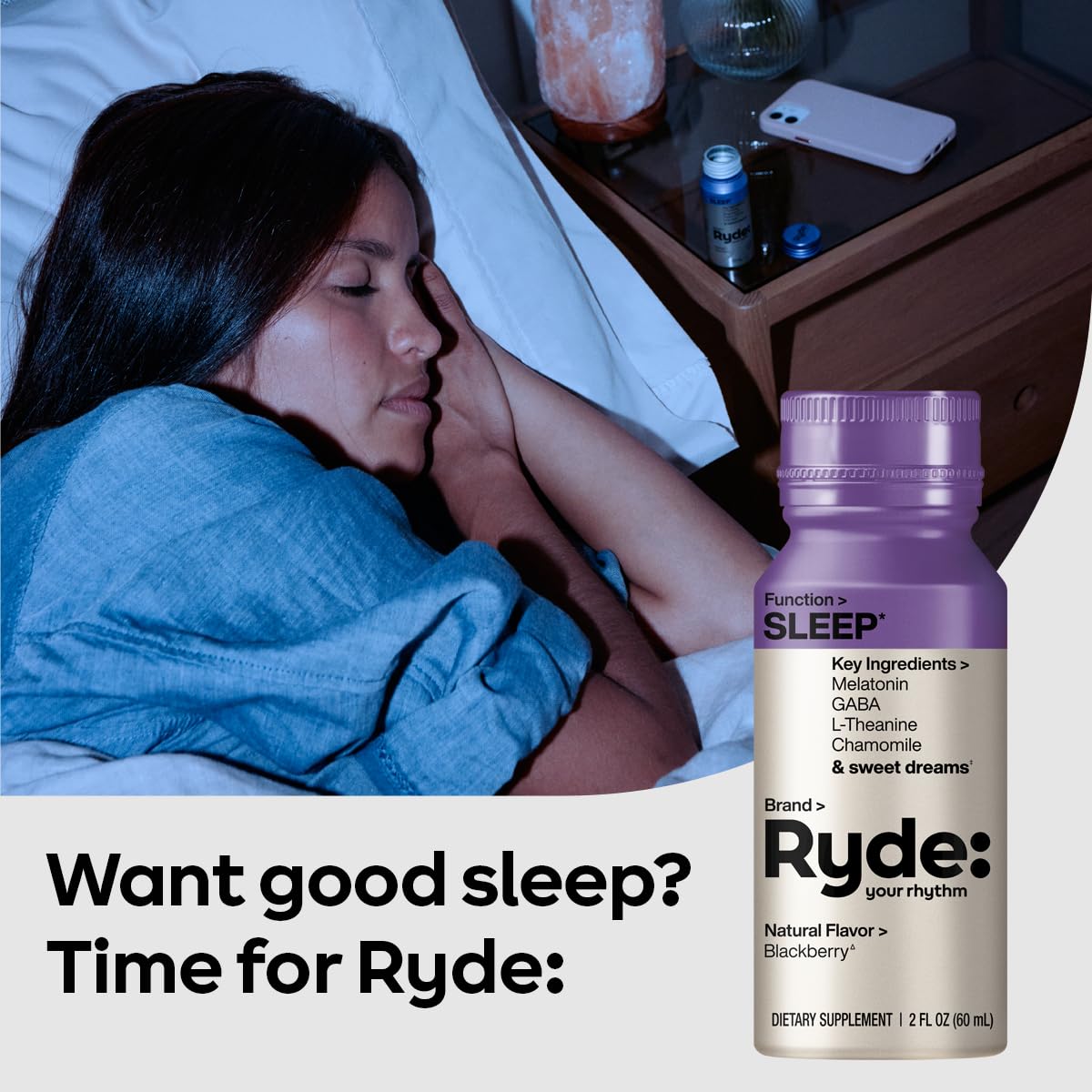 Ryde: SLEEP | 2oz Sleep Shot for Occasional Use | Melatonin, GABA, L-Theanine & Chamomile | Blackberry Natural Flavor | Sugar-Free, Zero Calories, Vegan | Manufactured in USA (8 Pack)