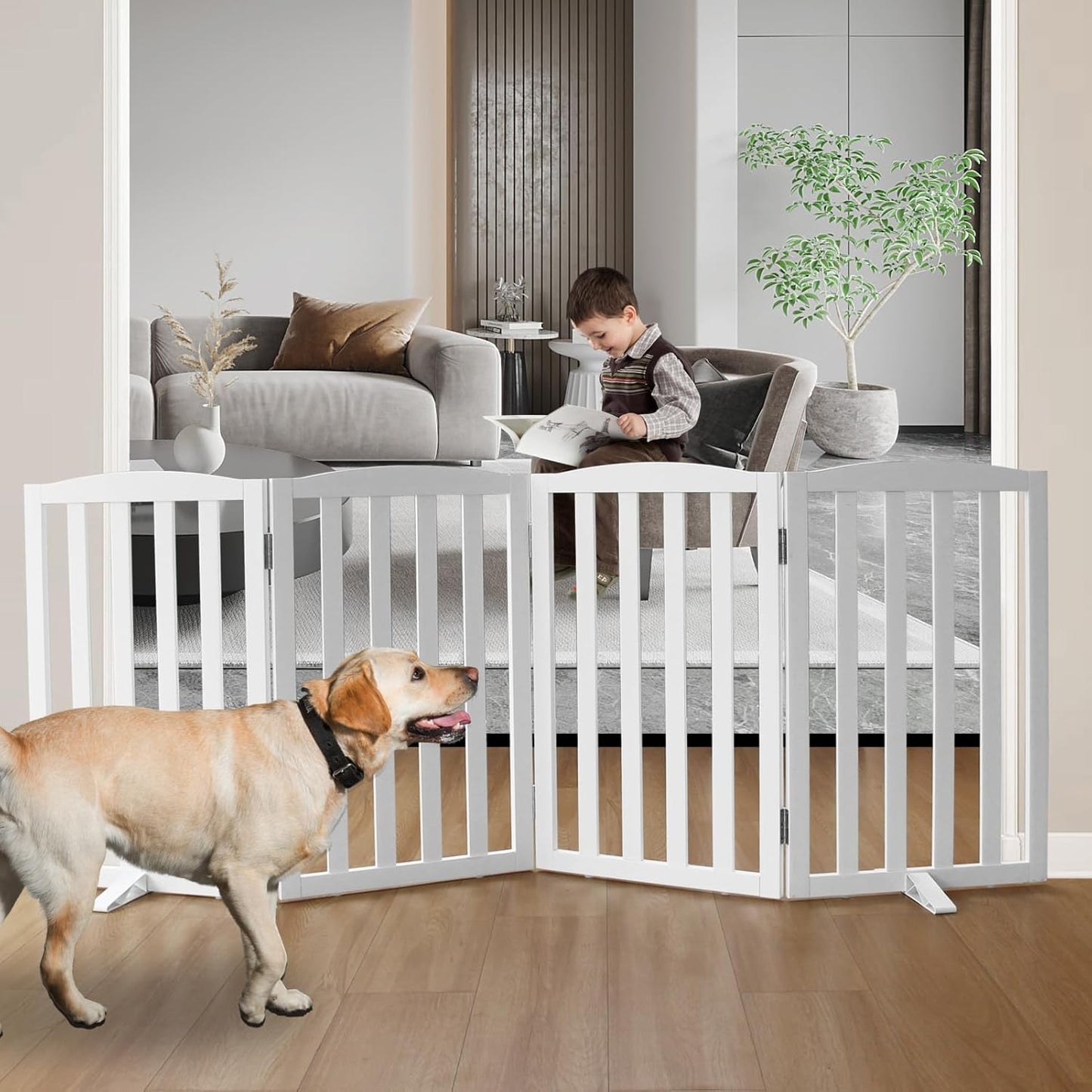 Freestanding Dog Gate Indoor,Doggie Gate Foldable Dog Gates for Doorways,Stairs or Hallways, Wooden White Pet Gate for the House, Pet Fence with Support Feet Included,32 "Height-4 Panels