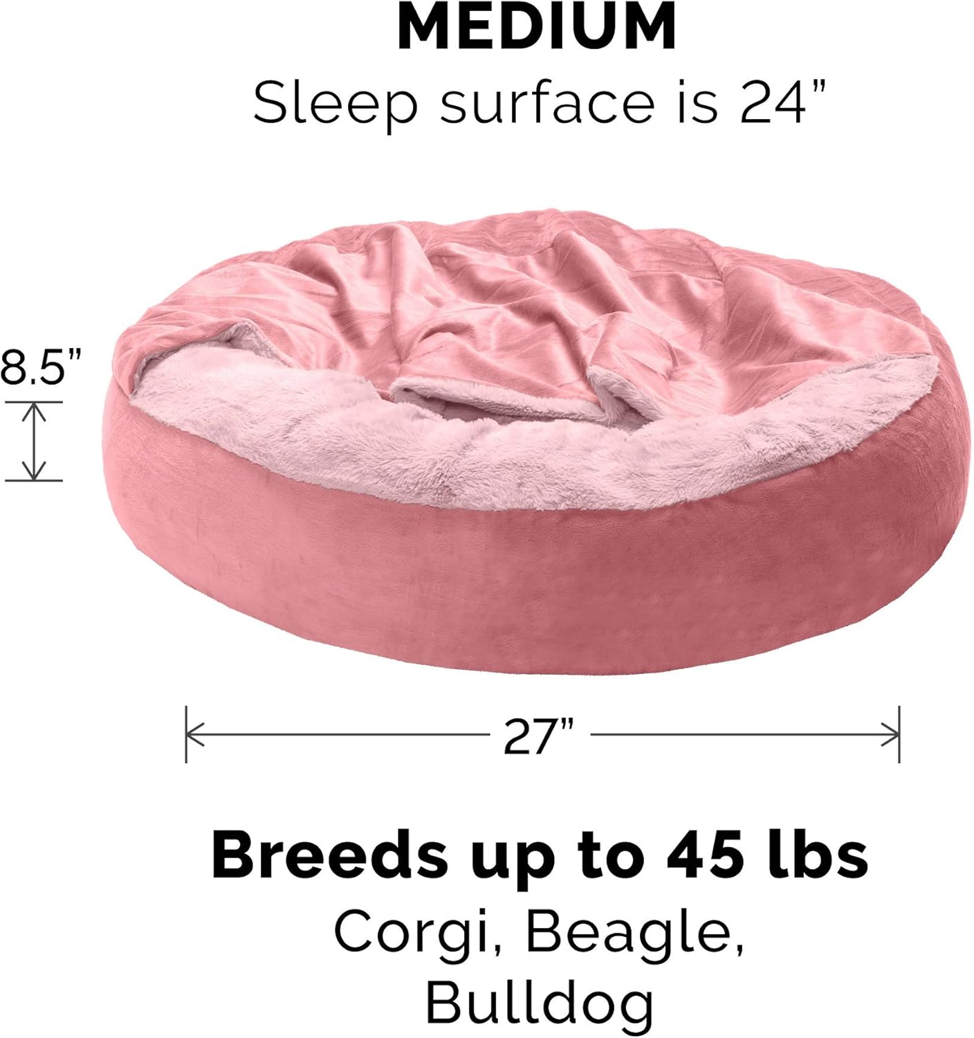 Furhaven 27" Round Calming Donut Dog Bed for Medium/Small Dogs, Washable, For Dogs Up to 45 lbs - Plush Velvet Waves Hooded Donut Bed - Rose Pink, Medium