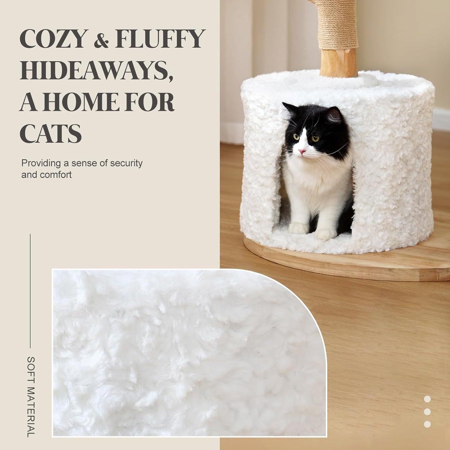 47-Inch Natural Wood Cat Tree for Cats, Modern Cat Tower with Multiple Platforms, Sisal Posts, Handwoven Bed, White Cushions
