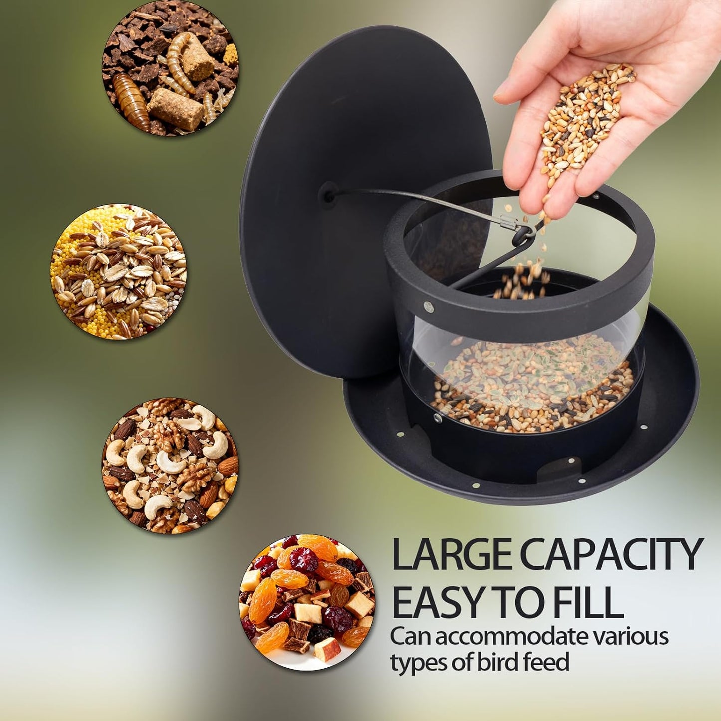 Wild Bird Feeder, Large Capacity Hanging Bird Feeder with Multiple Suspension Options, Black (Black)
