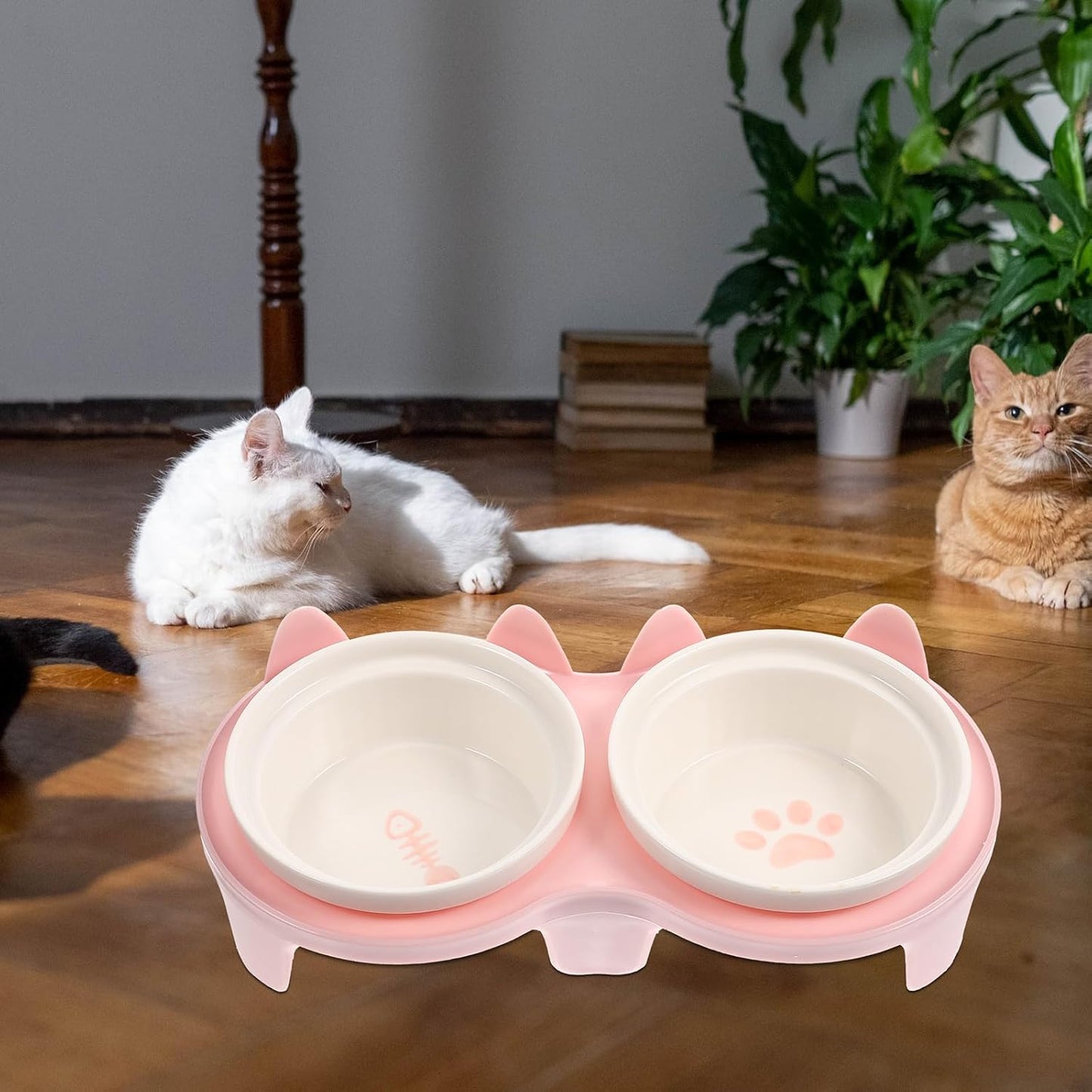 Milisten Ceramic Cat Feeding Bowl Set Raised Double Bowls Pink Thickened Non-Slip Elevated Pet Food and Water Dish for Indoor Cats