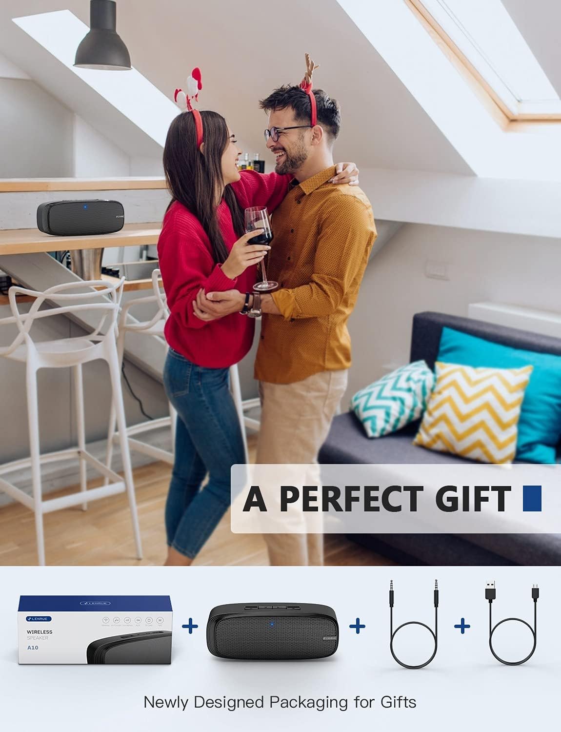 LENRUE Bluetooth Speaker, Wireless Portable Speaker with Loud Stereo Sound, Rich Bass, 12-Hour Playtime, Built-in Mic. Perfect for iPhone, Samsung and More