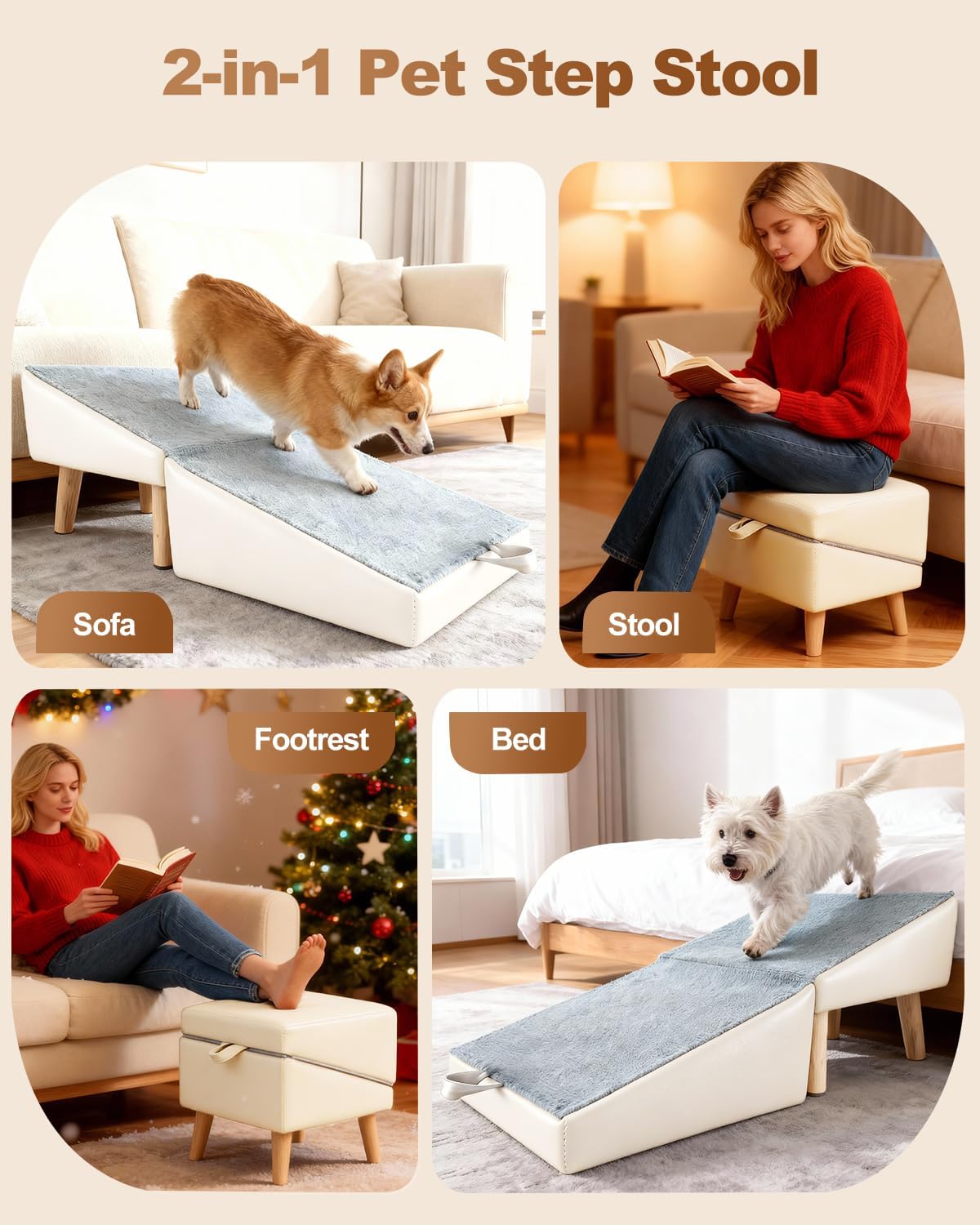 Dog Ramp for Couch Sofa and Low Bed, 15.7" W Foldable 2-in-1 Pet Steps & Ottoman, Non-Slip Wooden Pet Stairs for Small Senior Injured Dogs & Cats