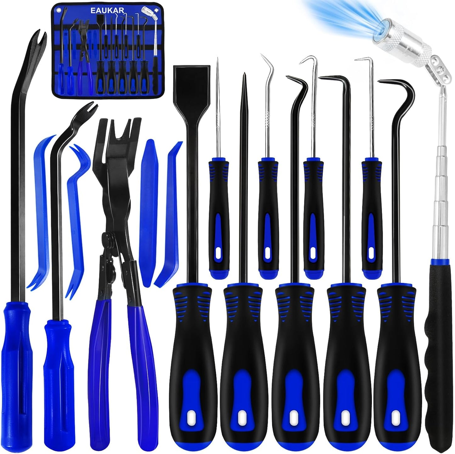 17Pcs Hook and Pick Tool Set with Scraper Auto Clip Removal Plier Fastener Remover Rivets Puller Mechanic Car Trim Removal Tool Kit Gasket Telescoping Magnetic Pickup Hand Automotive Tools(Blue)