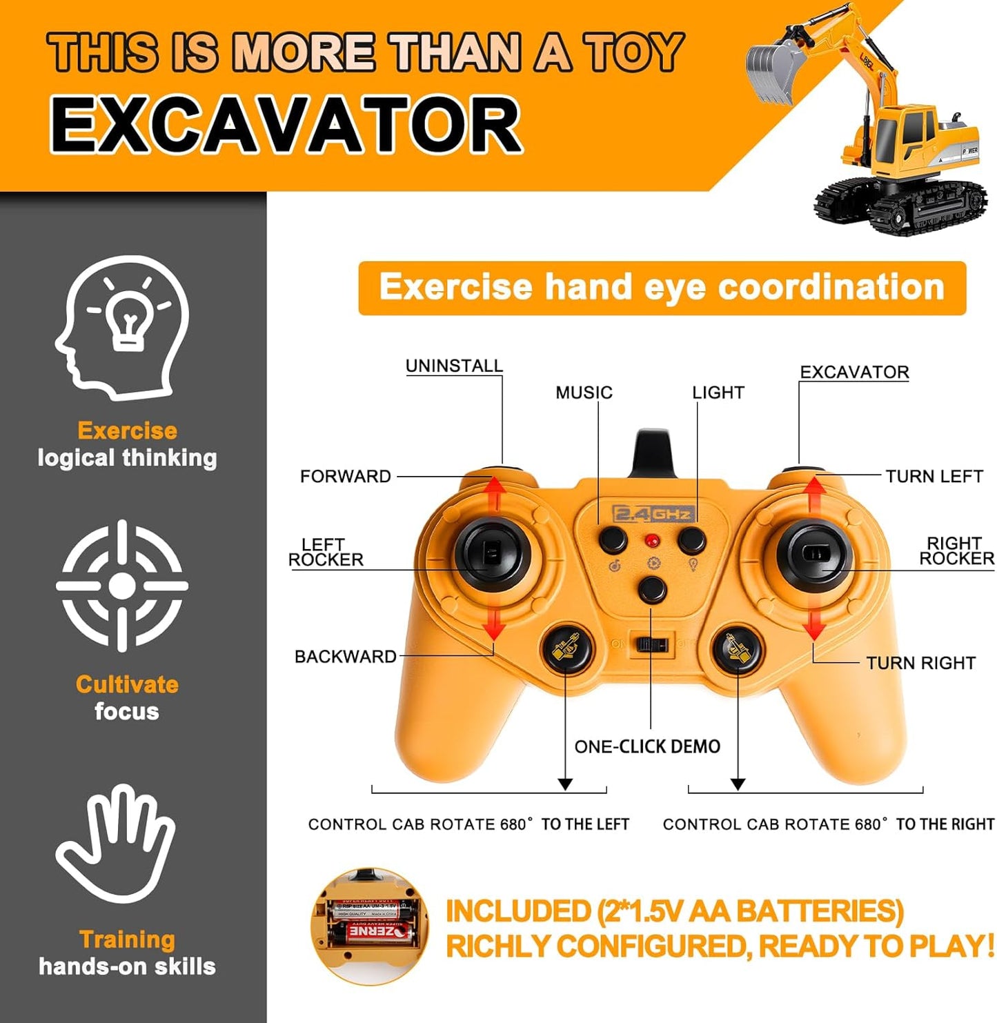 Remote Control Excavator Toy for Boys Kids, 1:24 RC Construction Vehicles with Metal Shovel, Realistic Lights & Sounds, Best Christmas | Birthday Gift for Boys & Girls 3-5 4-7 8-12 12+ Year Old Kids