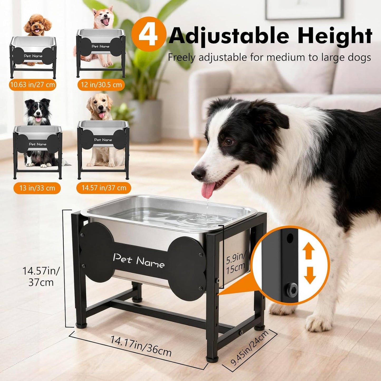 Elevated Dog Bowl, 2.4 Gallon Adjustable Stainless Steel Water Bowl for Large Breed, Dog Water Feeder, Pet Feeder with Full Metal Stand for Relief Joint Pressure, Easy Clean, Indoor Outdoor Use