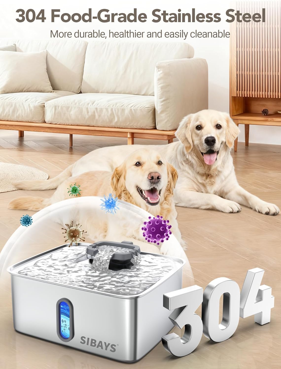 SIBAYS 4Gal/15L Dog Water Fountain for Large Dogs, Stainless Steel Large Pet Water Fountain, Ultra Quiet Automatic Dog Water Bowl Dispenser with Water Level Window and LED Light(FS78, Silver-Grey)