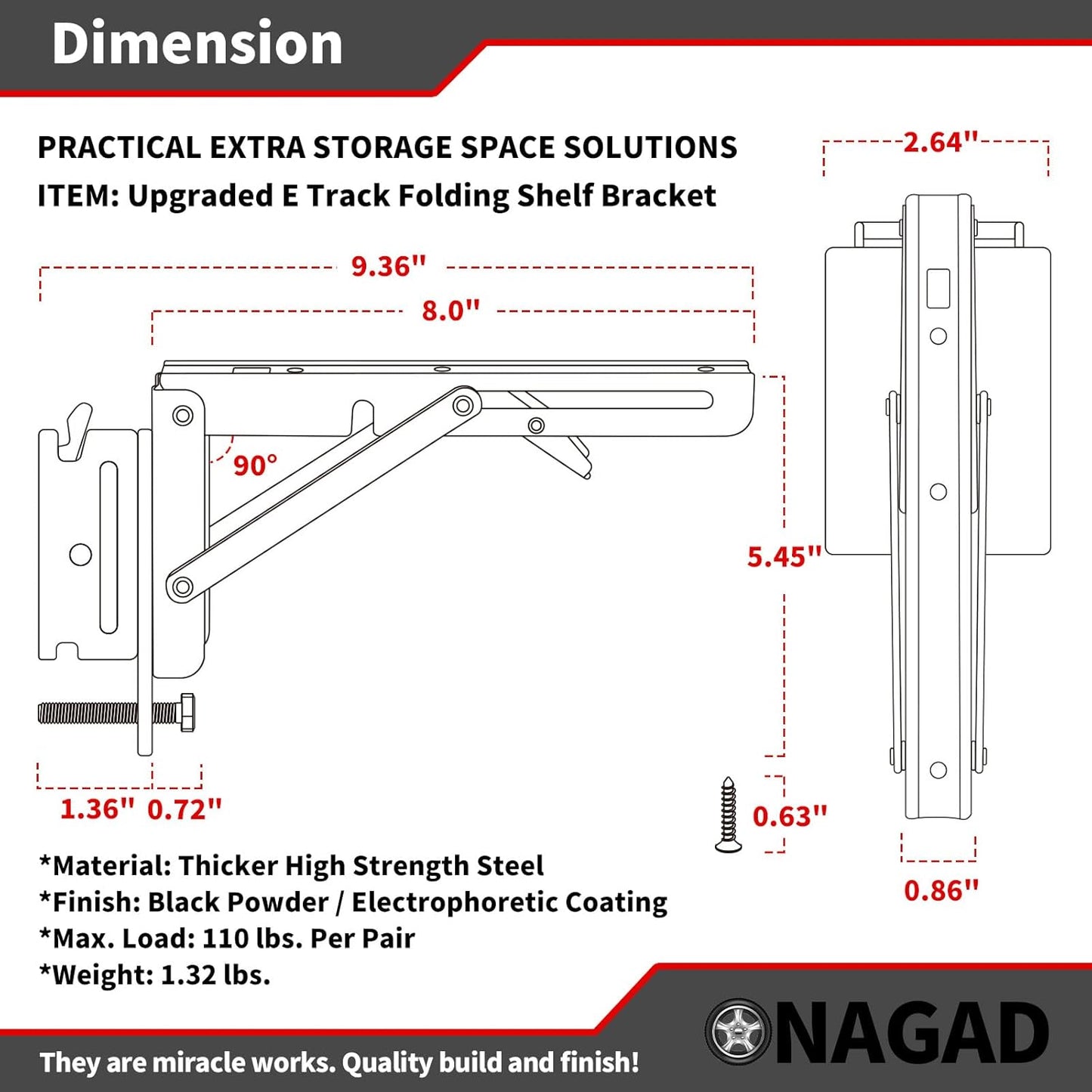 8 Inch E Track Folding Fixed Shelf Brackets 2 Pcs Black Heavy Duty Metal DIY E-Track Collapsible Shelf Hinge Etrack Accessories for Workbench Table Shelves in Enclosed Trailer, Truck, Garage,Warehouse