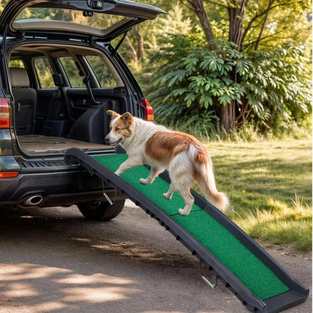 Dog Ramp for Car & SUV with Poly Grass Non-Slip Surface – Lightweight & Foldable Pet Ramp for Dogs, Includes 4 Towels & 2 LED Lights, Safe for Cars, Trucks, Beds, Couches & Stairs