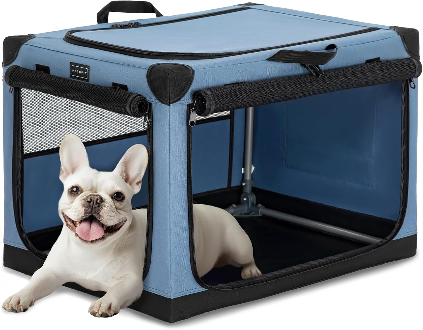 PETSFIT 26" Soft Portable Dog Crate – Patented Spiral Sturdy Frame, Collapsible Travel Kennel for Small Dogs, 3 Mesh Door, Lockable Zippers, Indoor & Car Use Blue
