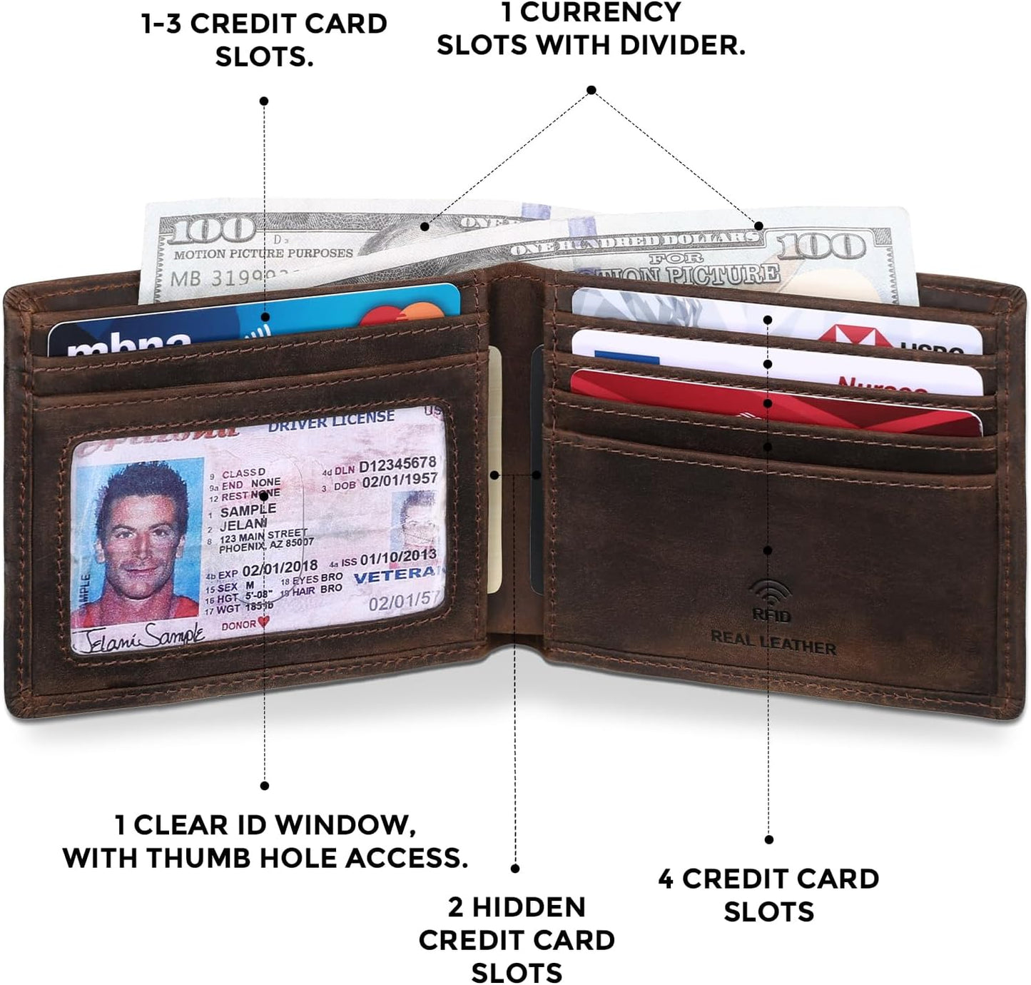 RUNBOX Genuine Leather Bifold Wallet for Men - RFID Blocking Slim Wallet with 9 Card Slots, 1 ID Window & Bill Compartment - Gift Box Packaging