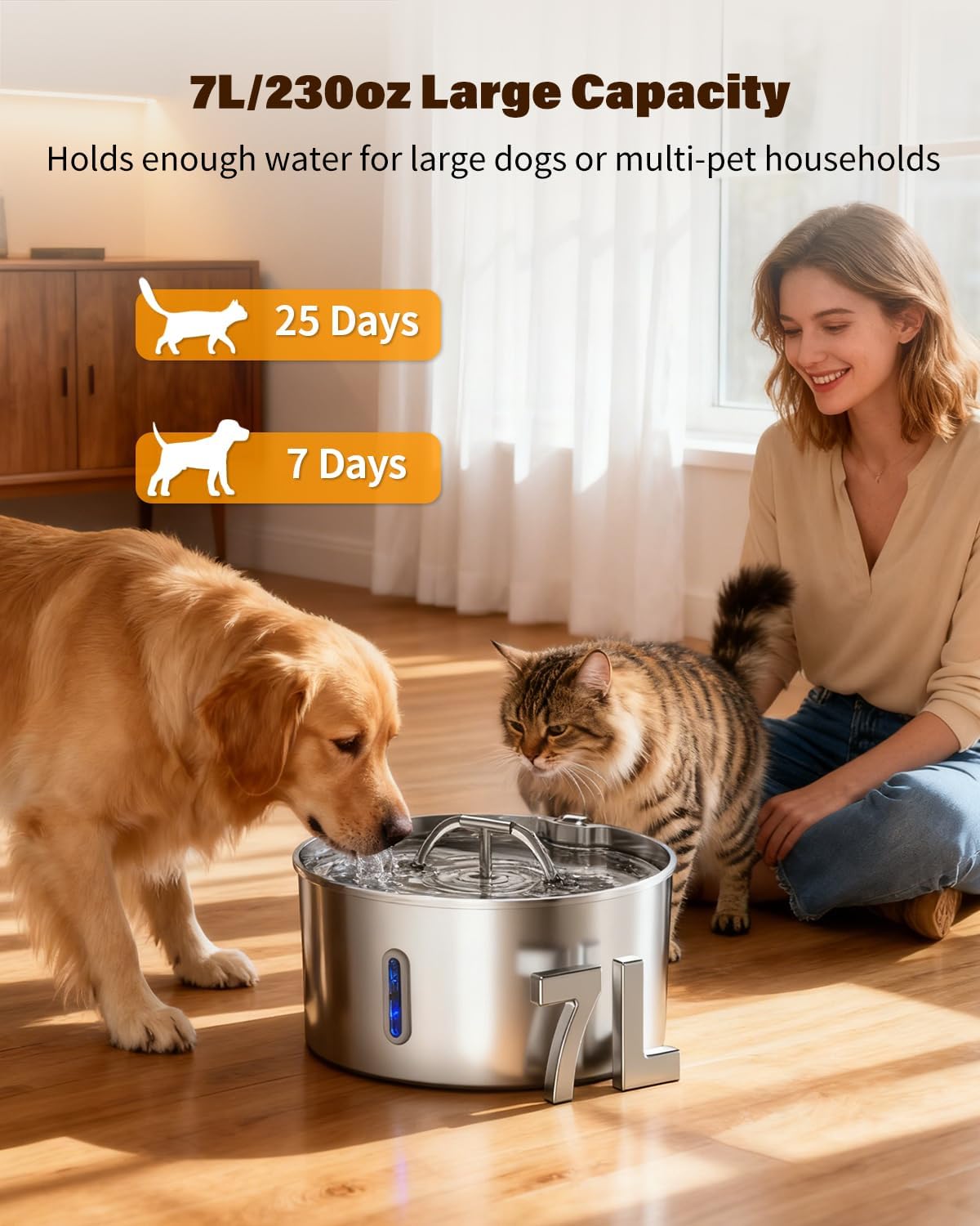 Dog Water Fountain for Large Dogs, 7L/236oz Stainless Steel Dog Fountain Water Bowl Dispenser, Automatic Cat Water Fountain with Ultra Quiet Pump, Large Drinking Area