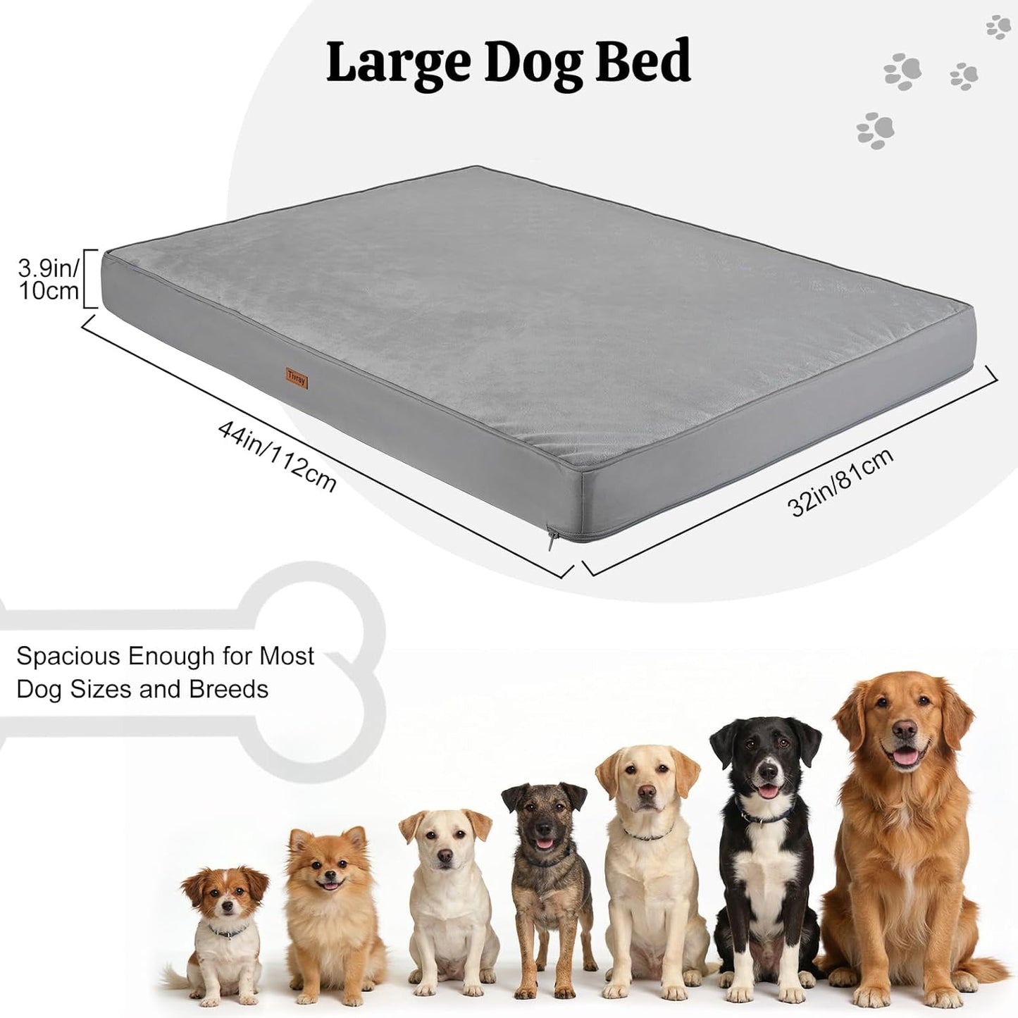 Orthopedic Dog Bed, 44" x 32" Dog Beds Large Sized, Waterproof Pet Mat, Big Pet Mattress Pad with Removable Washable Soft Plush Cover, Egg Crate Foam, Anti-Slip Bottom, Grey
