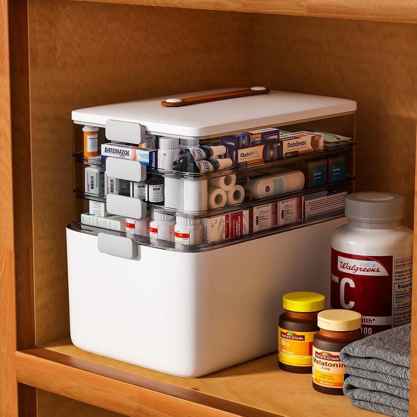 funest 4- Tier Medicine Storage Box Organizer Portable First Aid kit Box Empty with Handle, Multipurpose Medical Supply Organizer with Removable Tray, White