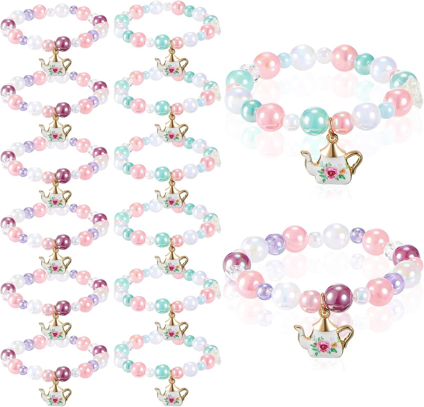 Ecally 12 Pcs Tea Party Favors Bracelet Bulk Tea Pot Beaded Easter Bracelet Party Supplies Pendant Accessories Princess Decorations for Kids Girl